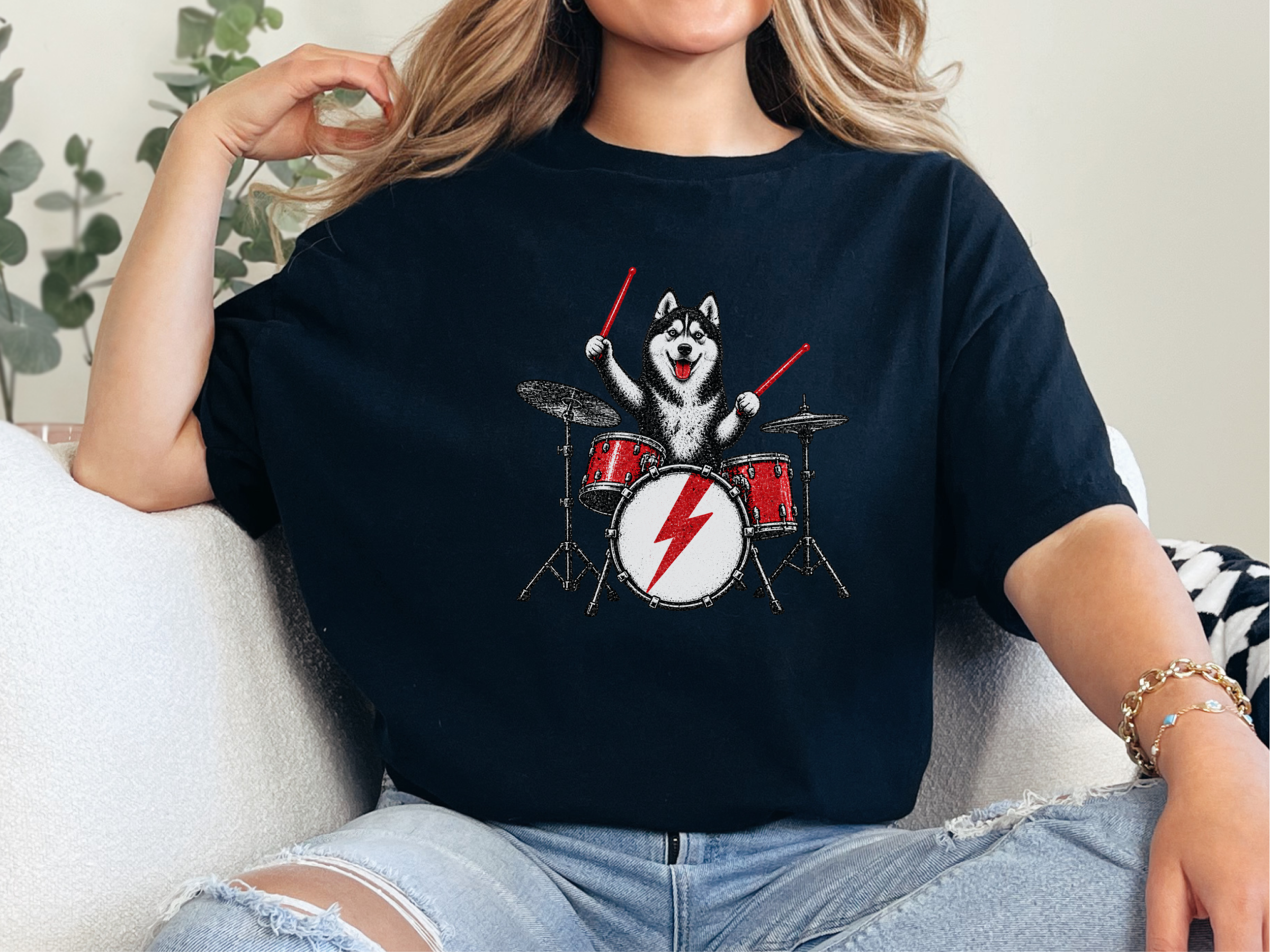 Rocking Husky Drummer Illustration doodle dog shirt - photo 3