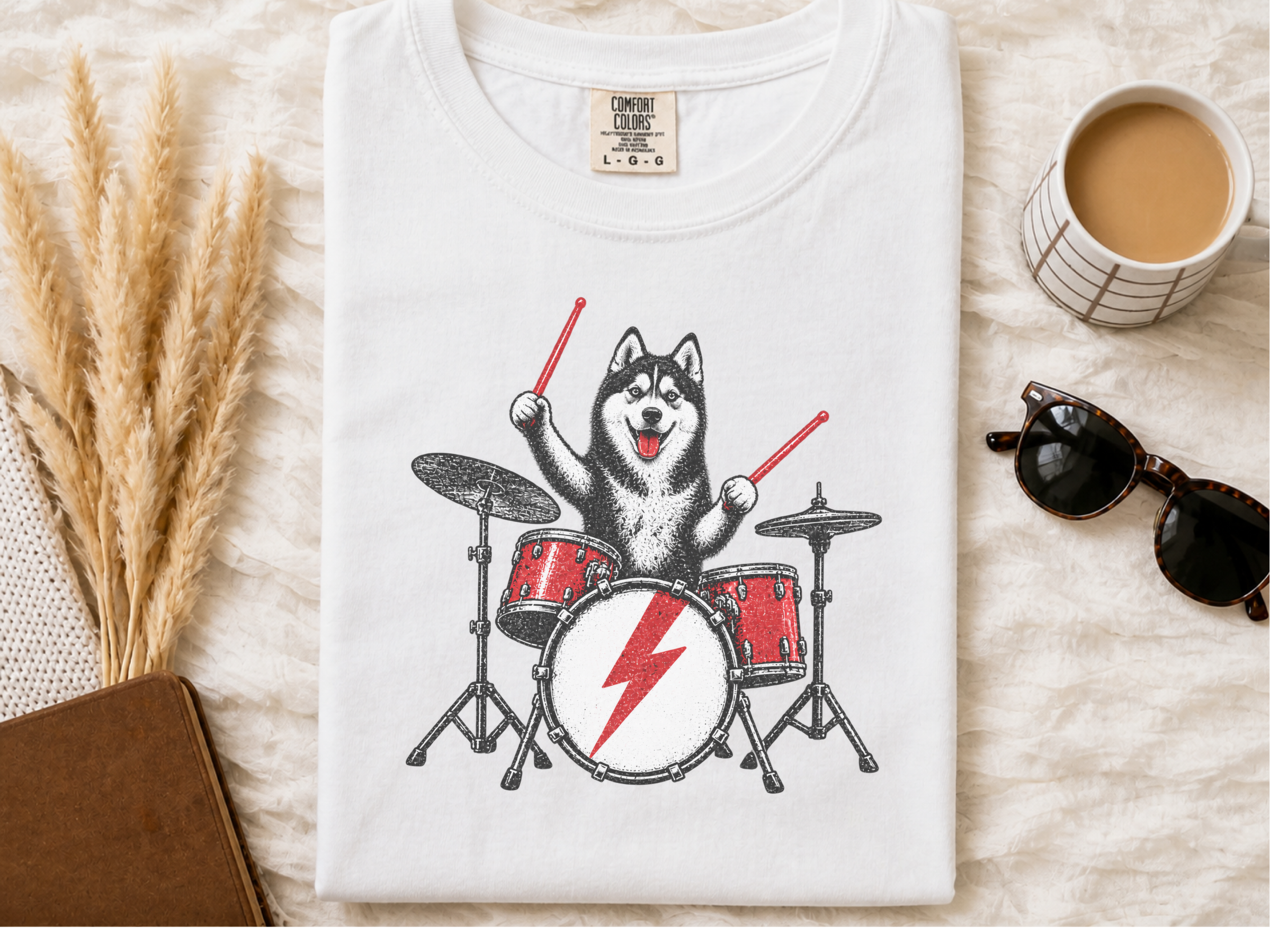 Rocking Husky Drummer Illustration doodle dog shirt - photo 1