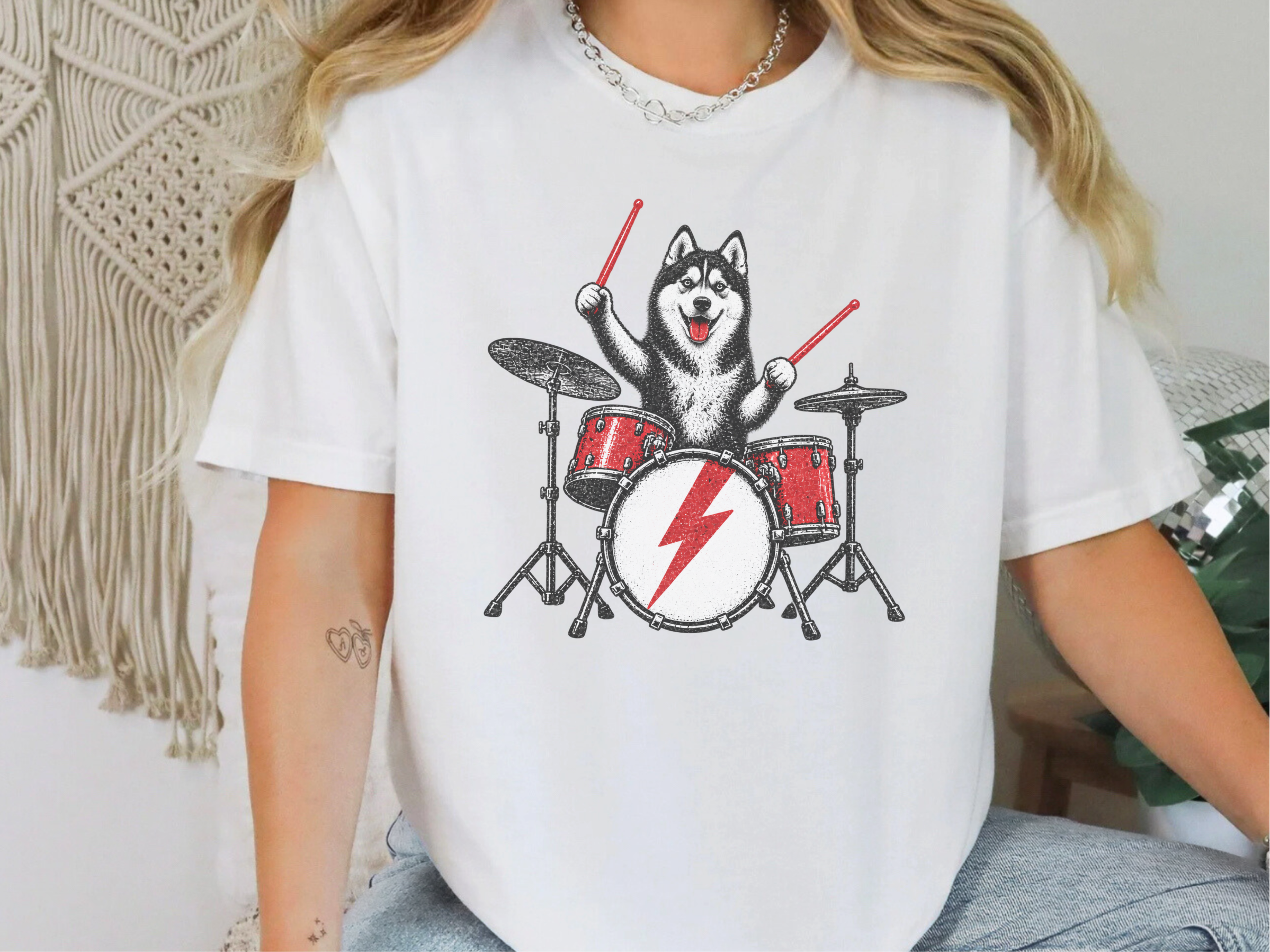 Rocking Husky Drummer Illustration doodle dog shirt - photo 2
