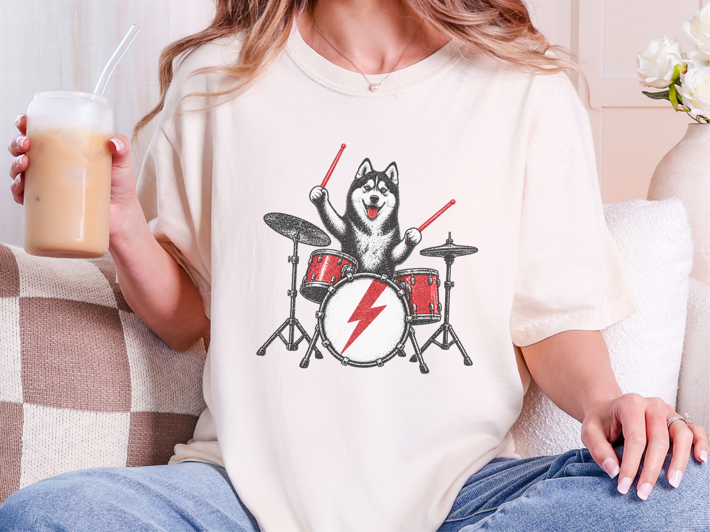 Rocking Husky Drummer Illustration doodle dog shirt - photo 8