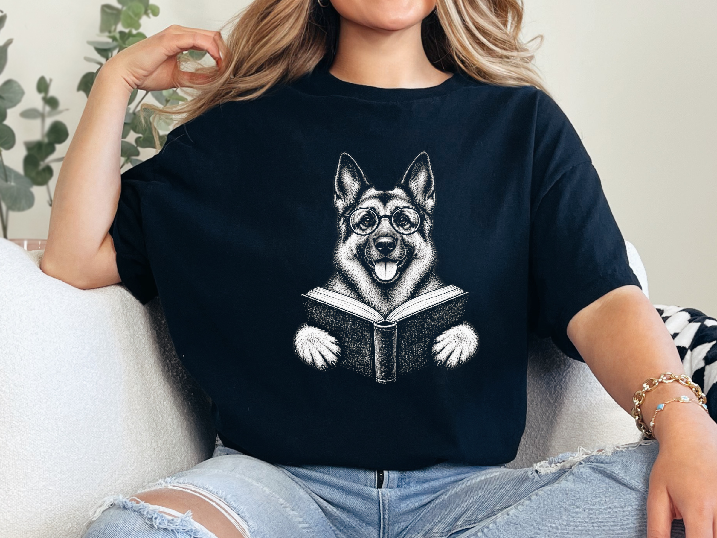 German Shepherd Reading Book Shirt Bookish Dog Tee Bookworm Gift