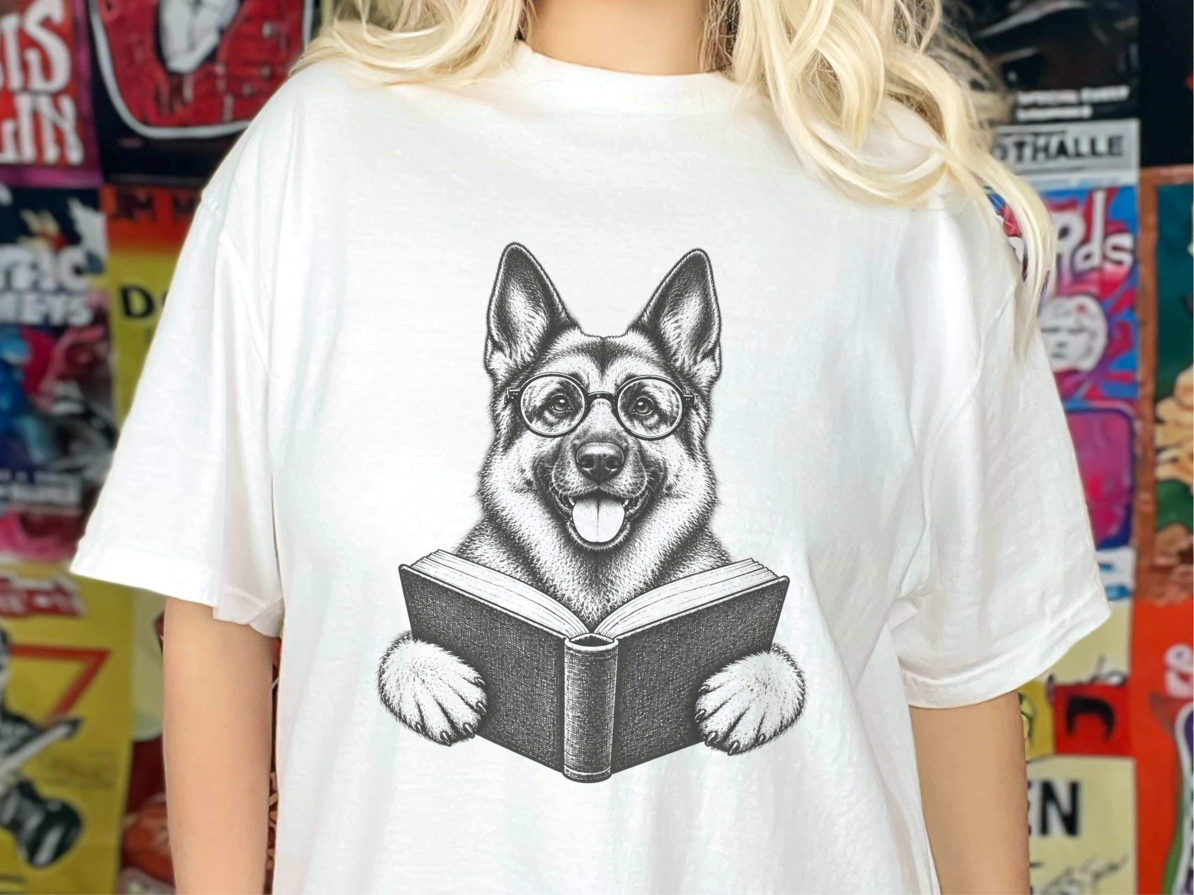 German Shepherd Reading Book doodle dog shirt - photo 1