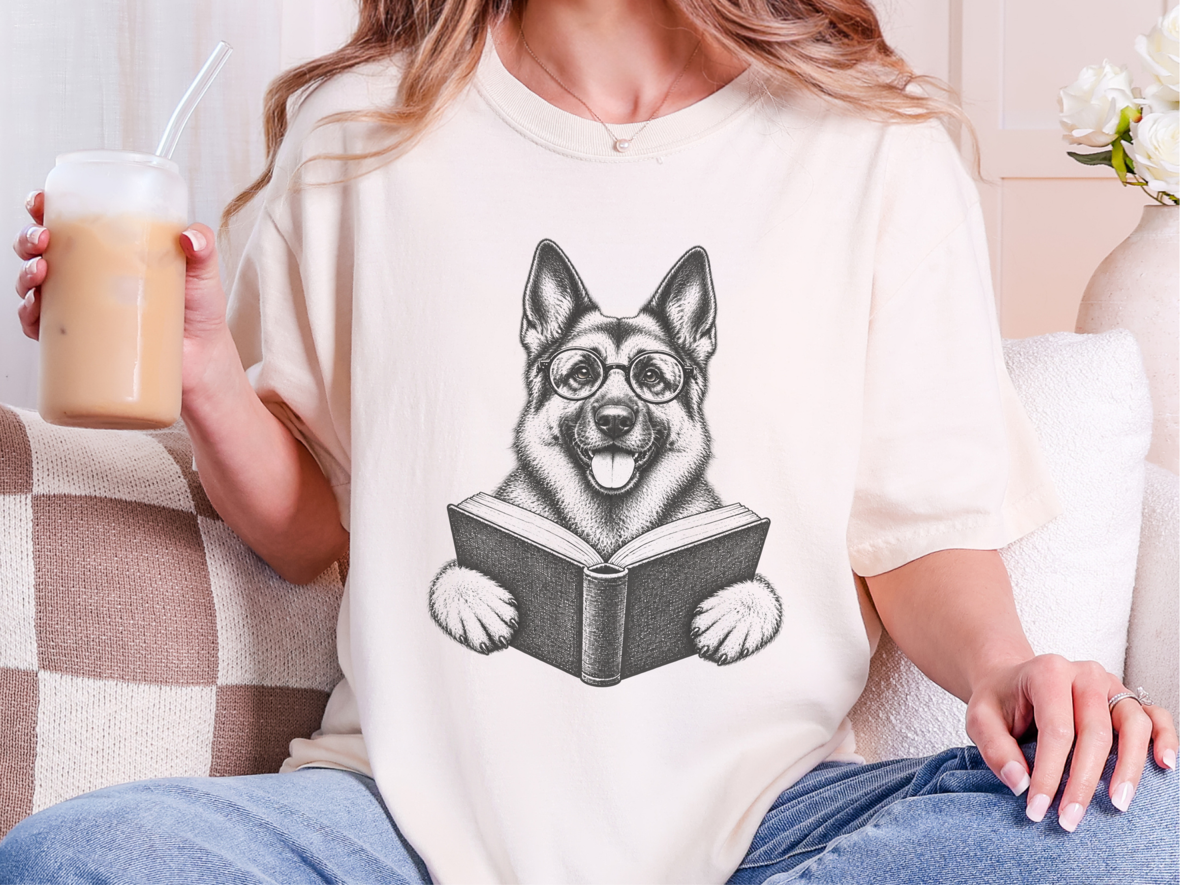German Shepherd Reading Book doodle dog shirt - photo 7
