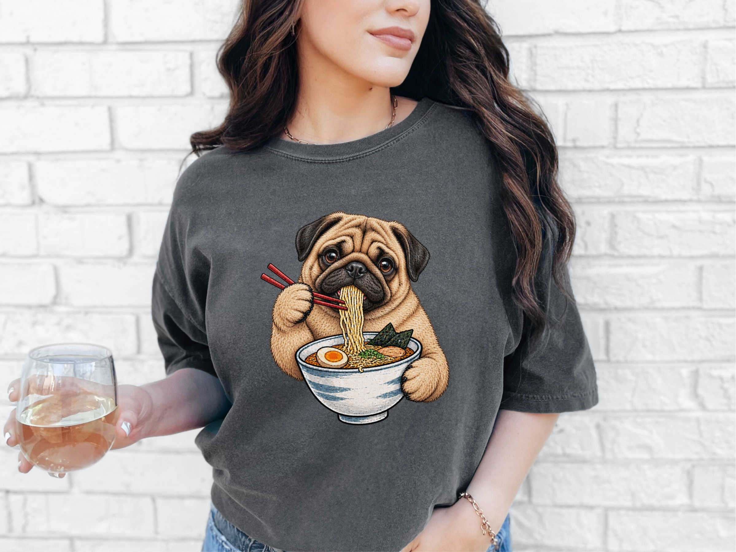 Pug Eating Ramen Noodles doodle dog shirt - photo 6
