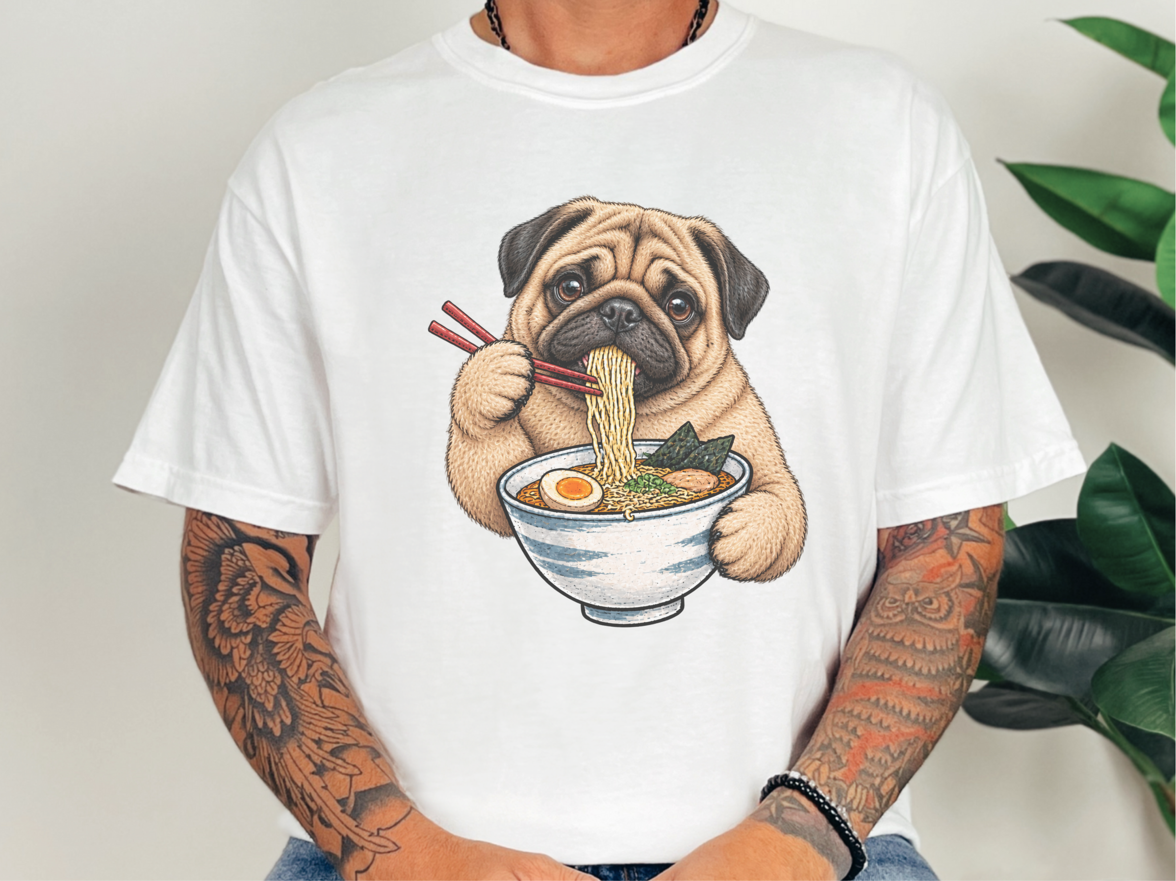 Pug Eating Ramen Noodles doodle dog shirt - photo 3
