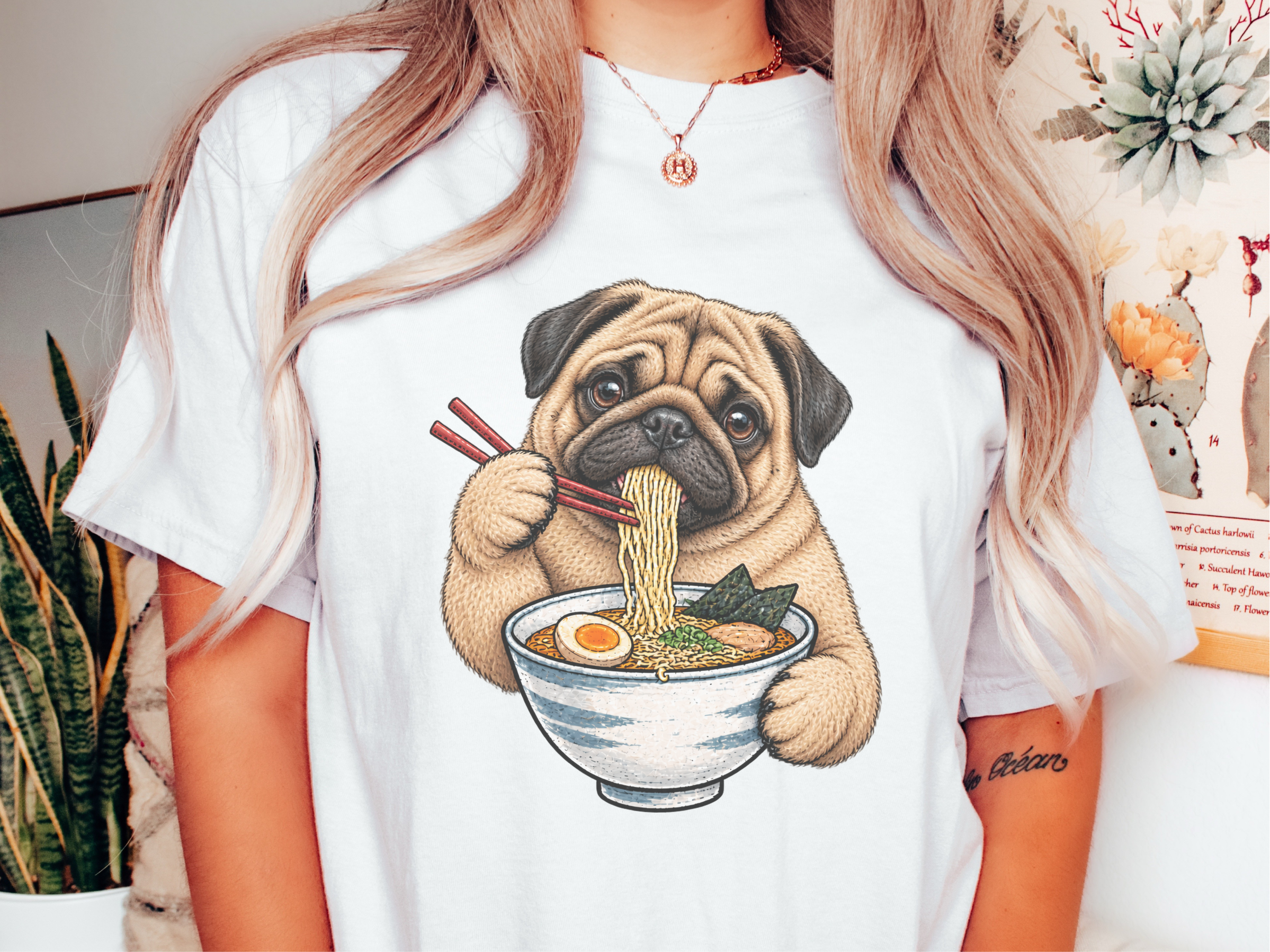 Pug Eating Ramen Noodles doodle dog shirt - photo 1