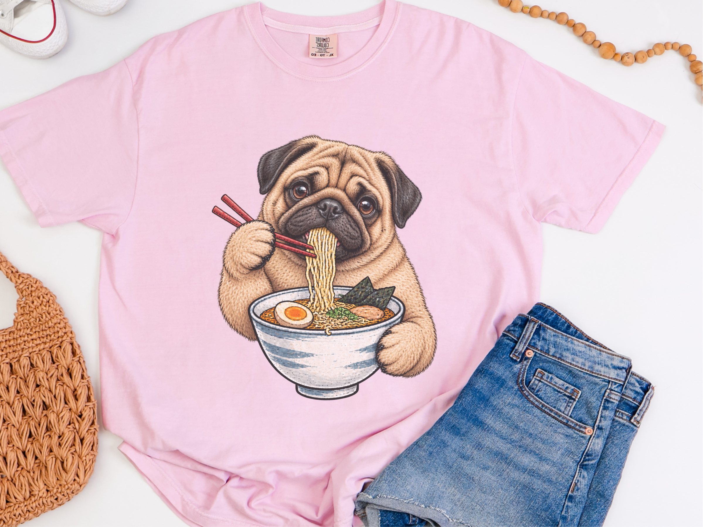 Pug Eating Ramen Noodles doodle dog shirt - photo 8