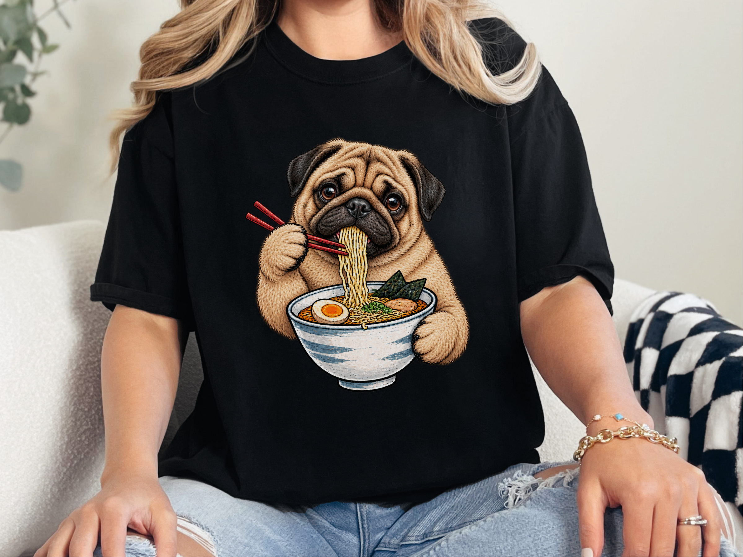 Pug Eating Ramen Noodles doodle dog shirt - photo 4