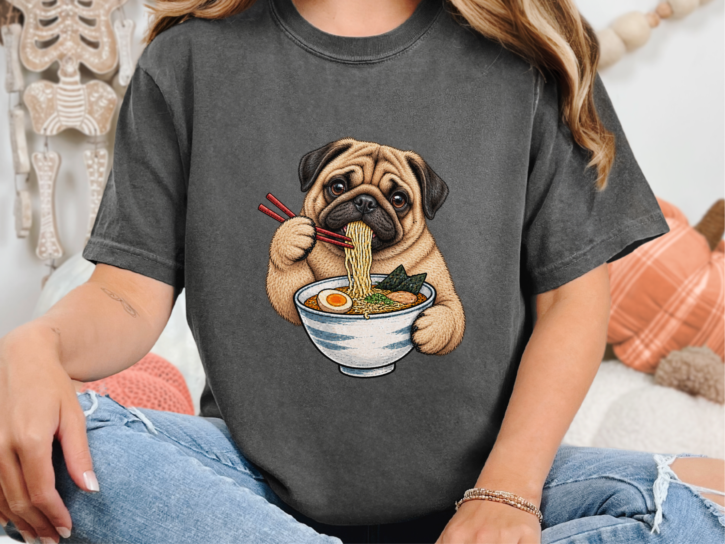 Pug Eating Ramen Noodles doodle dog shirt - photo 5