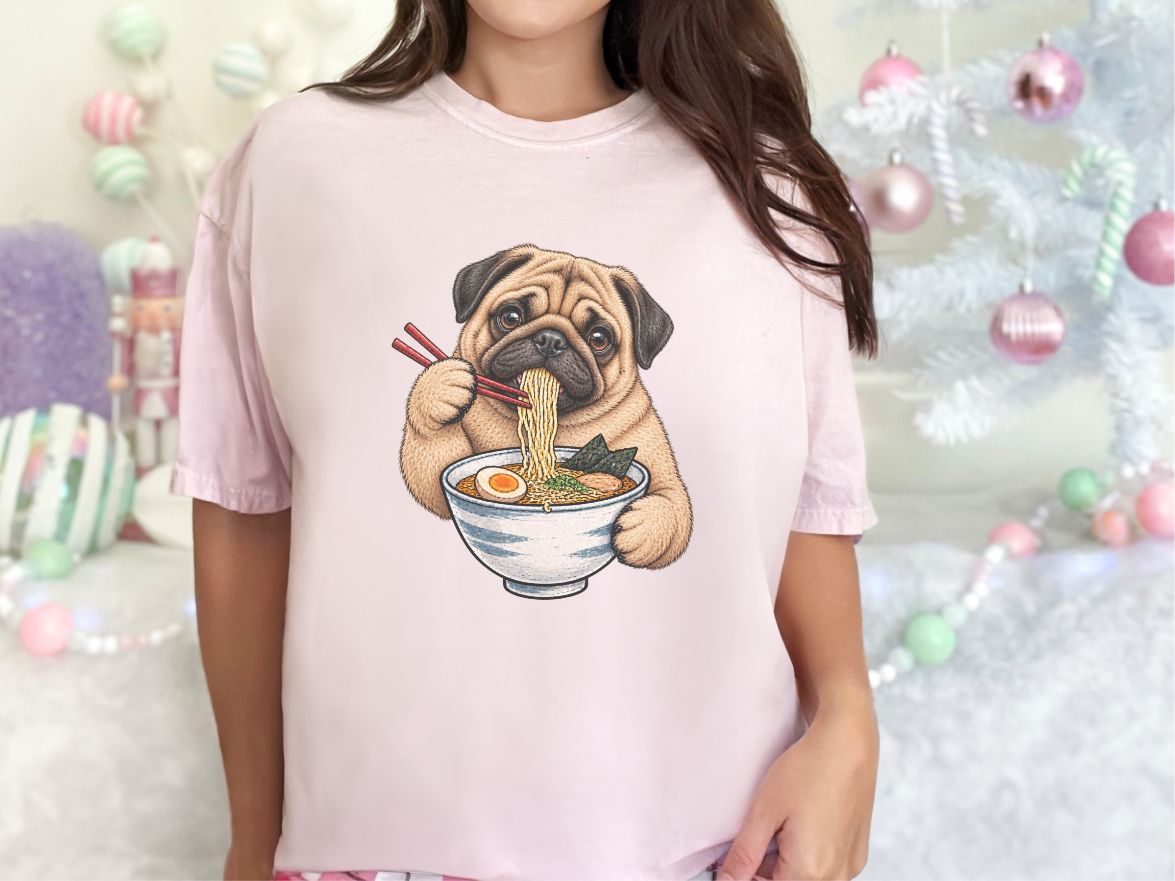Pug Eating Ramen Noodles doodle dog shirt - photo 7