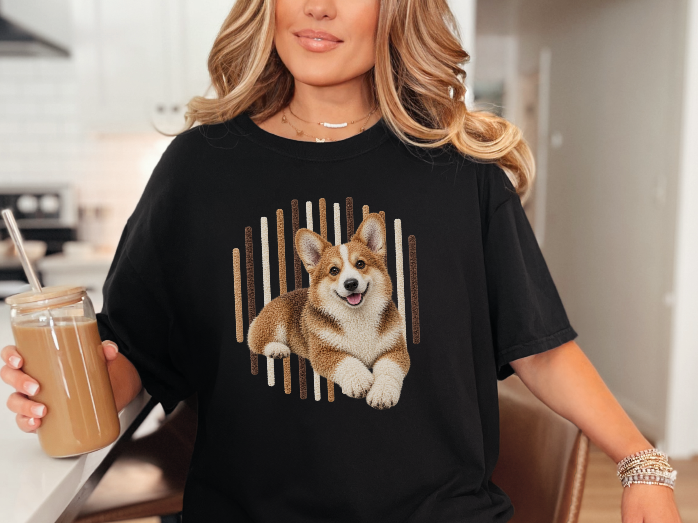 Photorealistic Corgi Vertical Lines doodle dog shirt - photo 1