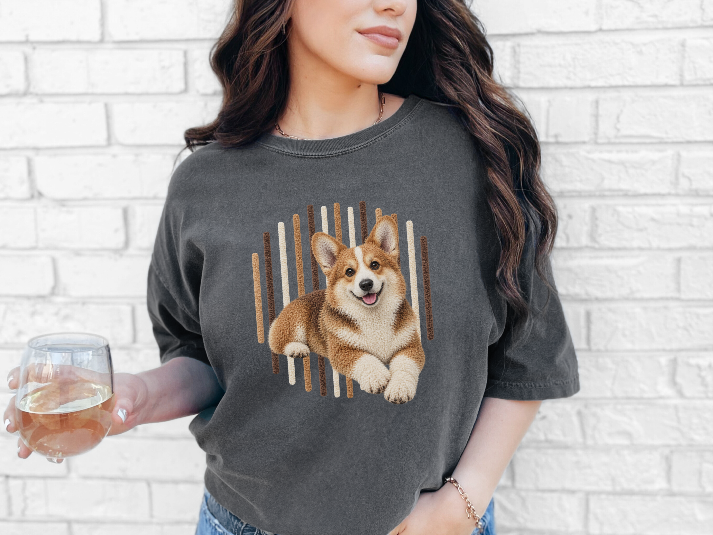 Photorealistic Corgi Vertical Lines doodle dog shirt - photo 2