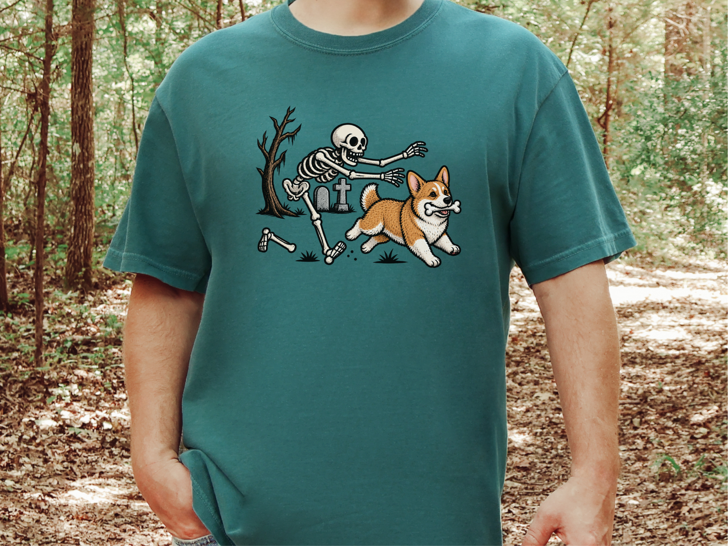 Corgi Stealing Skeleton Bone doodle dog shirt - photo 8