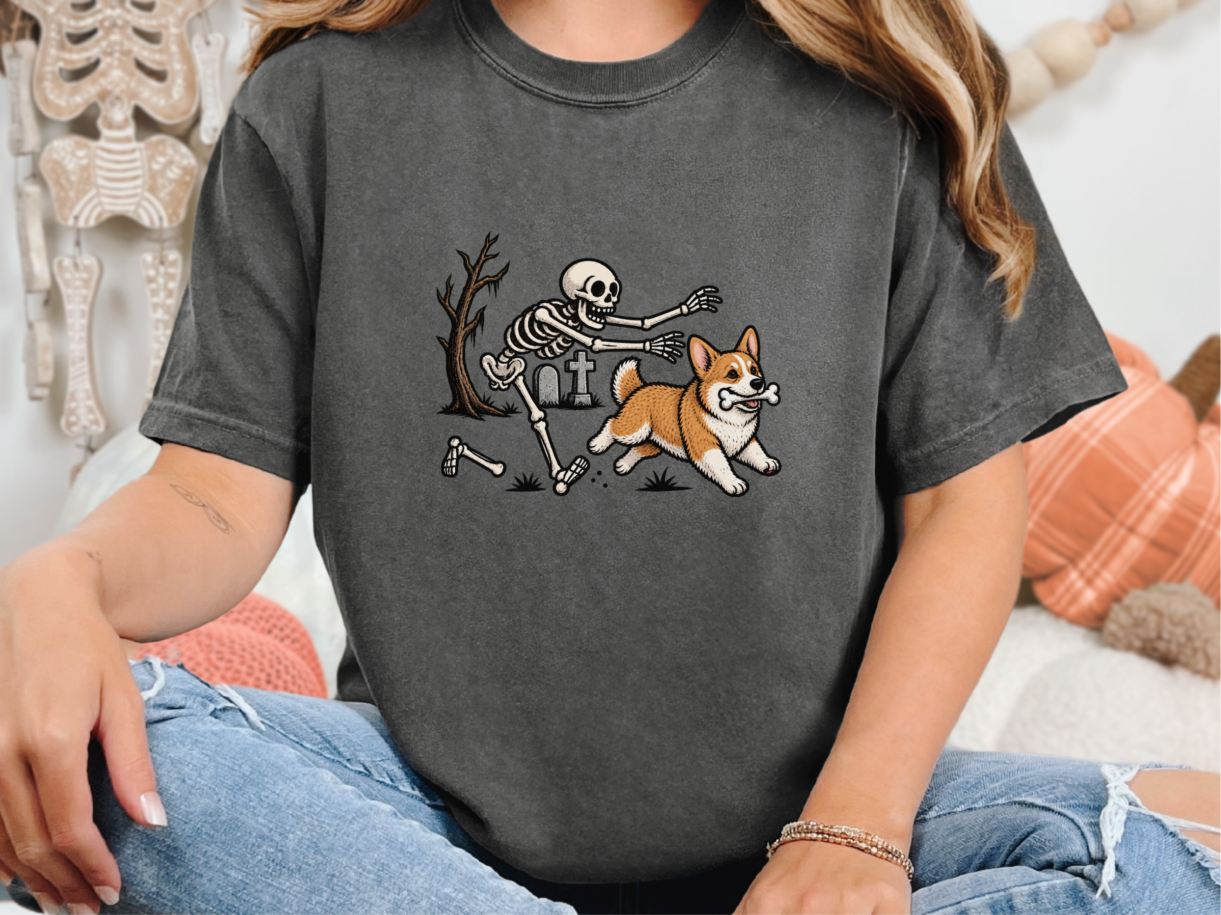 Corgi Stealing Skeleton Bone doodle dog shirt - photo 4