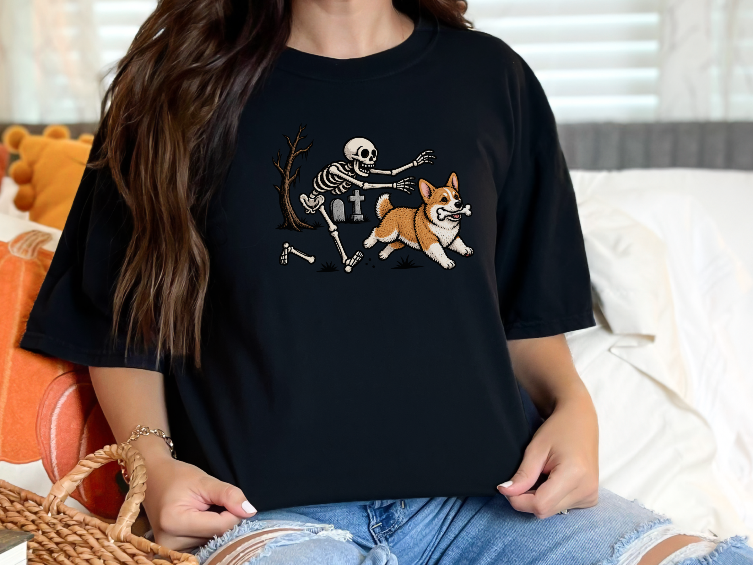 Corgi Stealing Skeleton Bone doodle dog shirt - photo 2