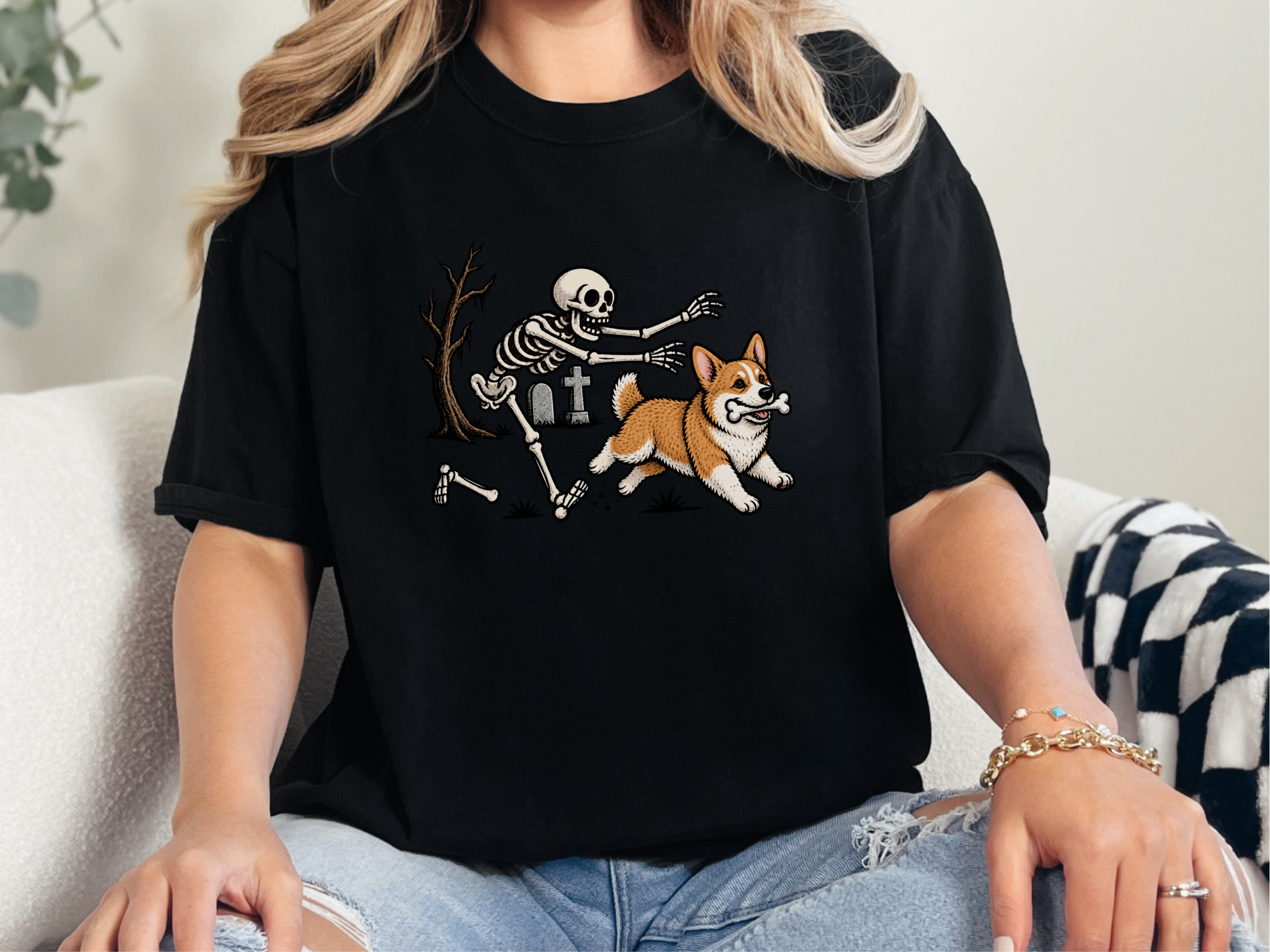 Corgi Stealing Skeleton Bone doodle dog shirt - photo 1
