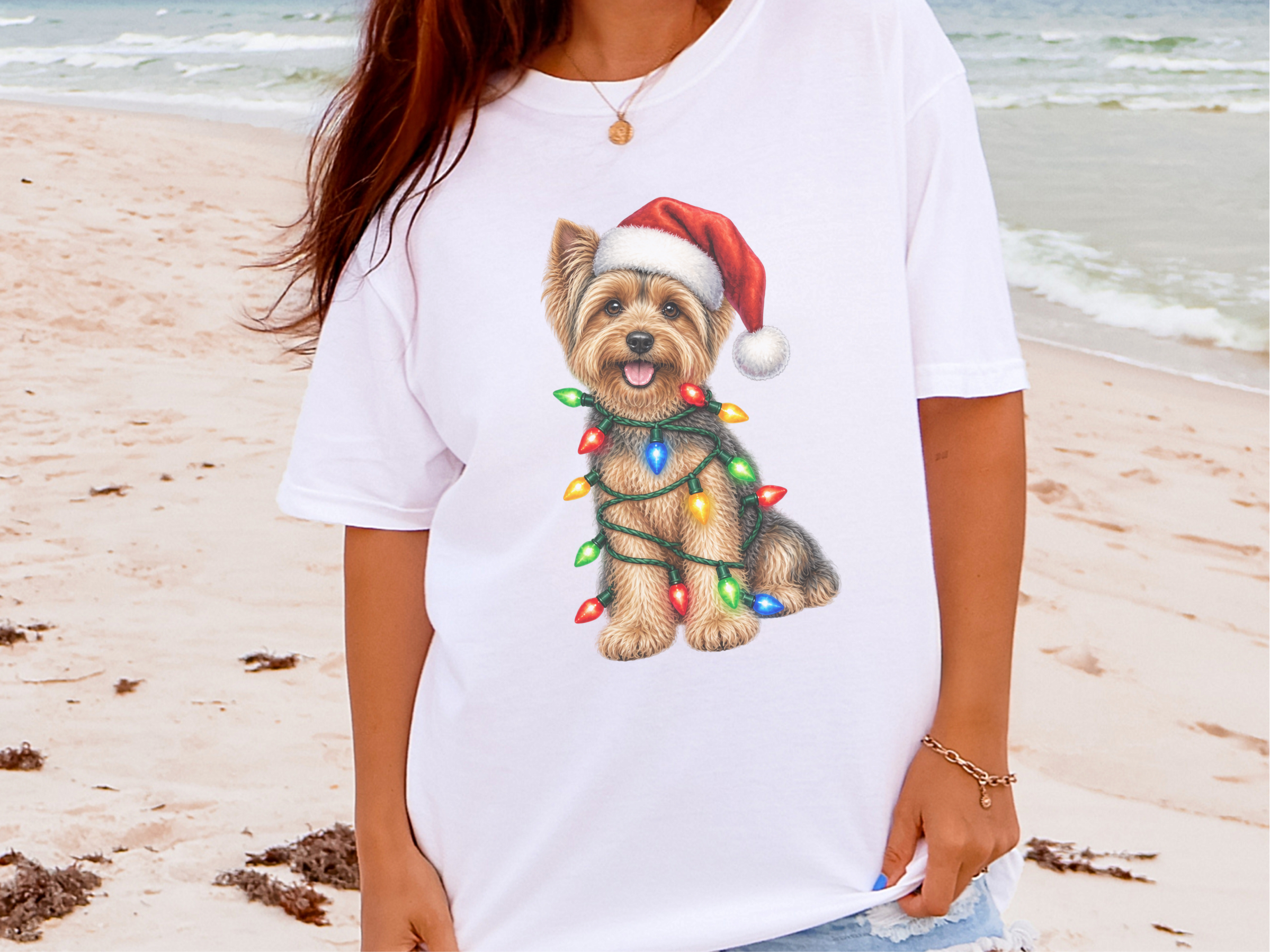 Yorkie Wrapped In Christmas Lights doodle dog shirt - photo 2