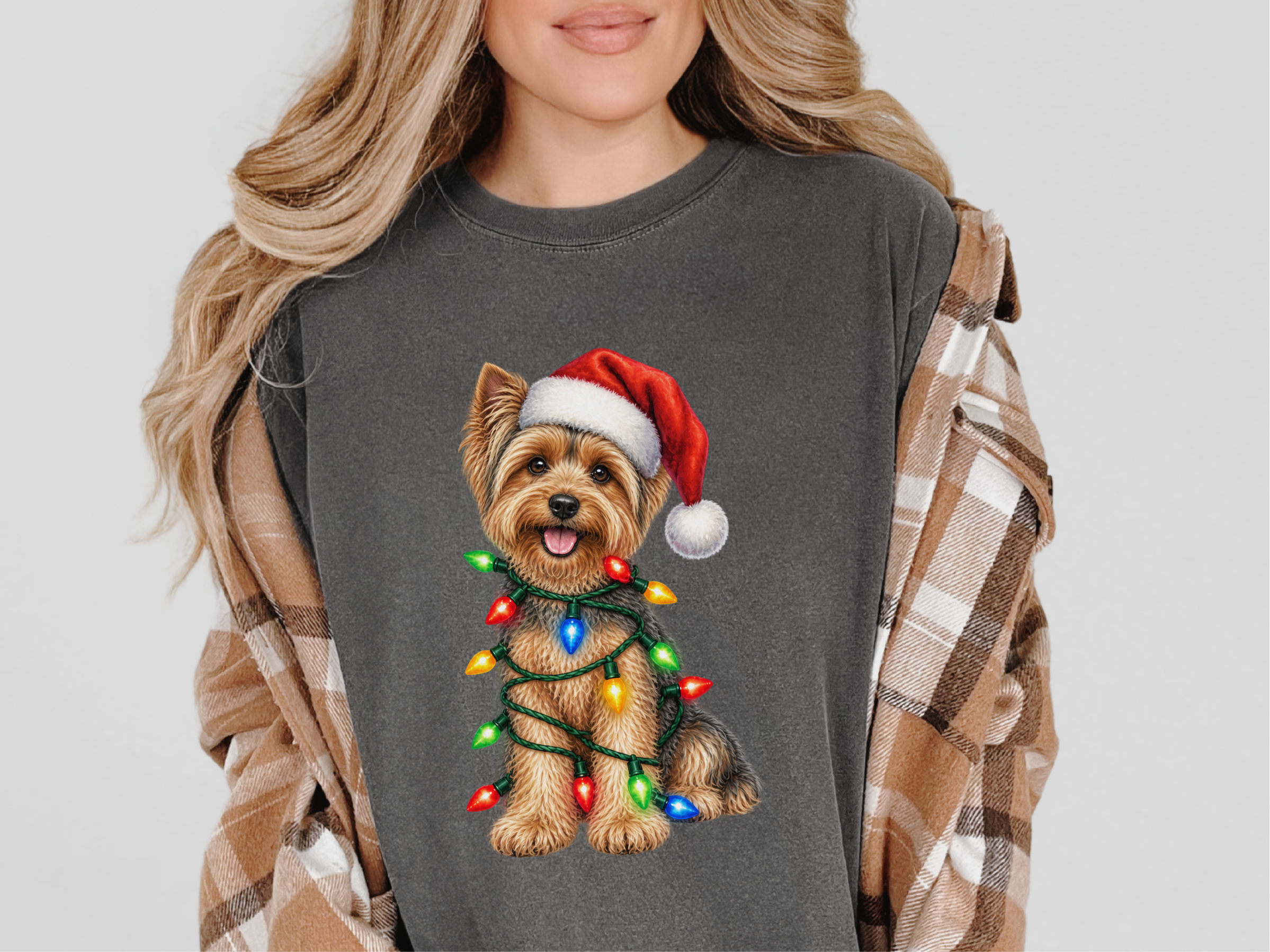 Yorkie Wrapped In Christmas Lights doodle dog shirt - photo 6