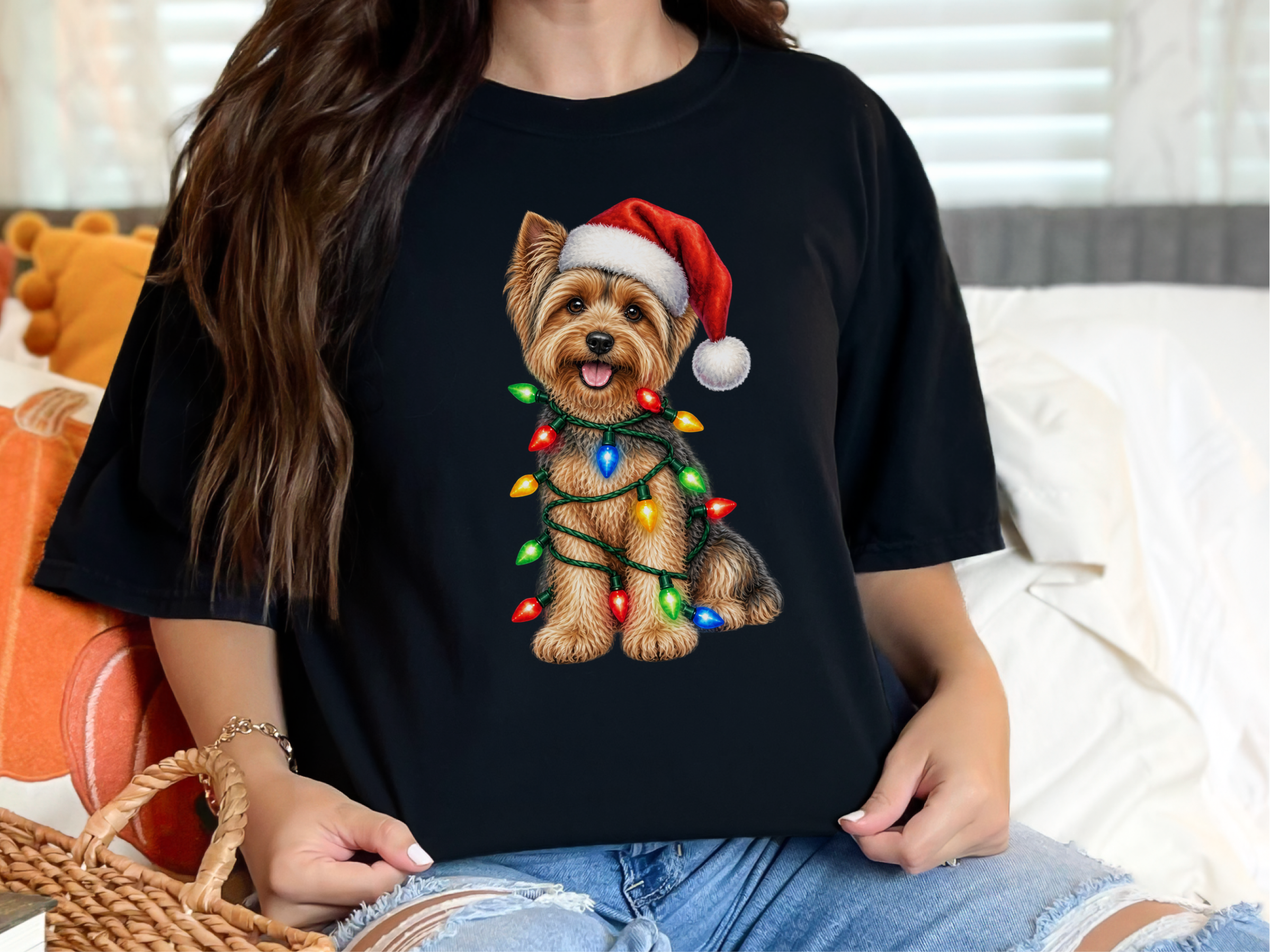 Yorkie Wrapped In Christmas Lights doodle dog shirt - photo 4