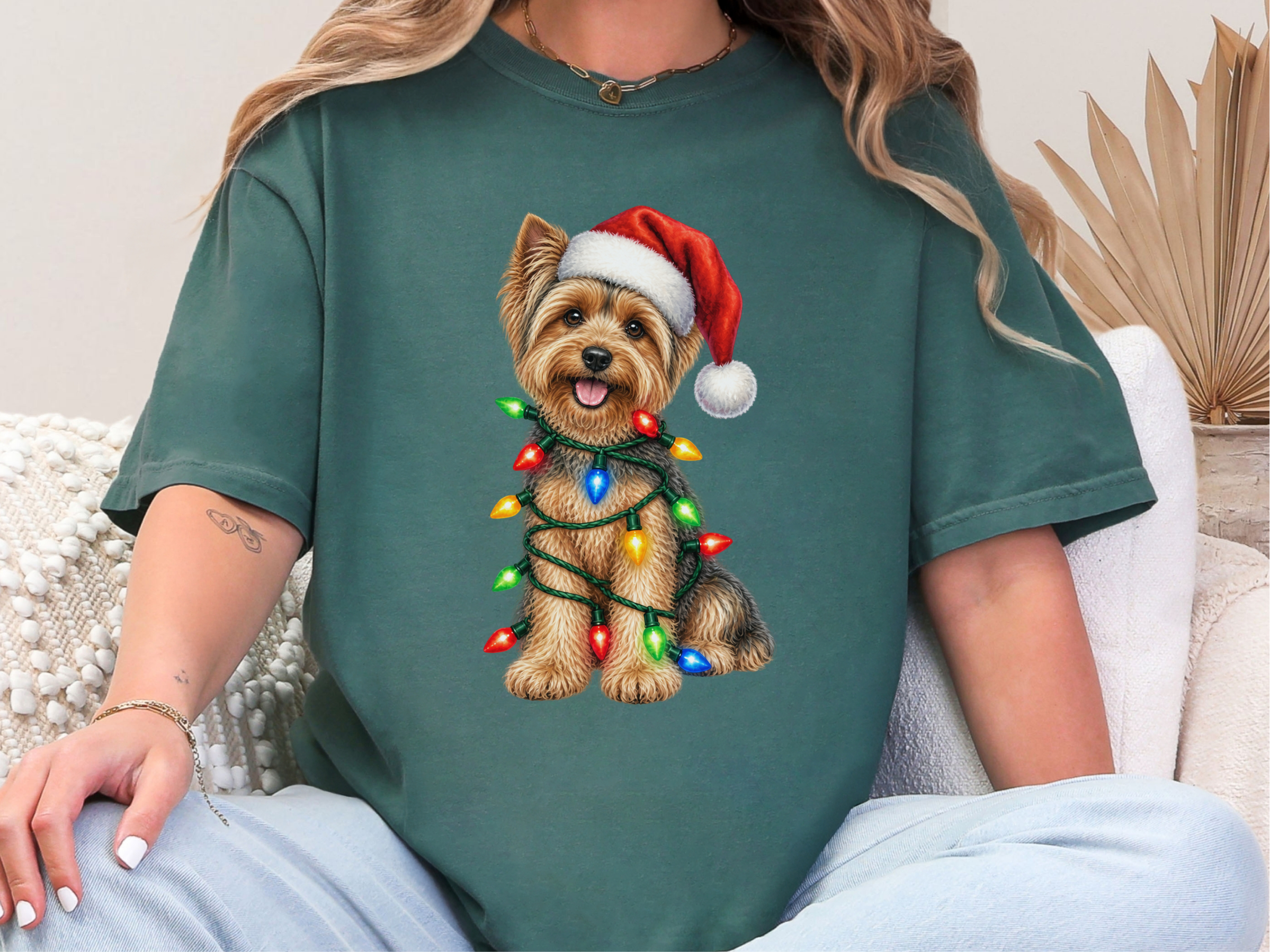 Yorkie Wrapped In Christmas Lights doodle dog shirt - photo 8