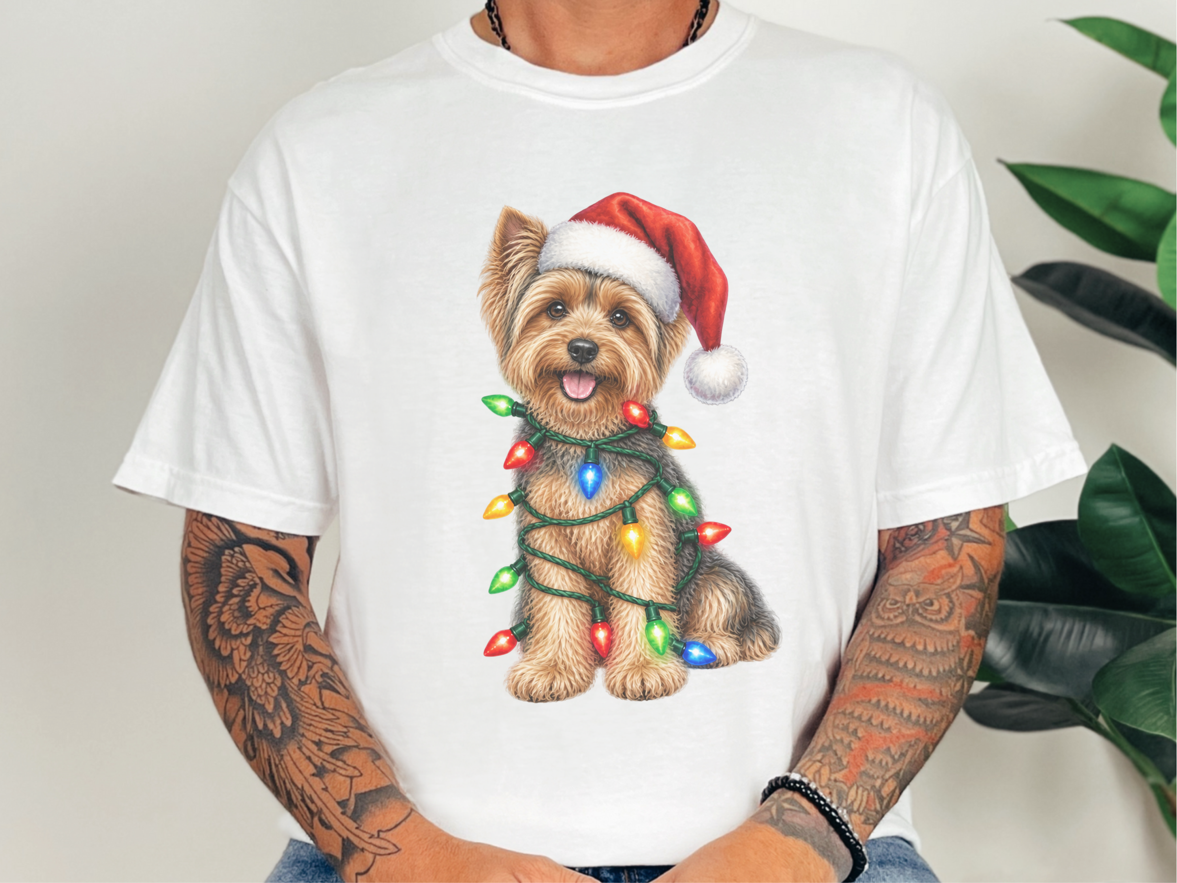 Yorkie Wrapped In Christmas Lights doodle dog shirt - photo 1