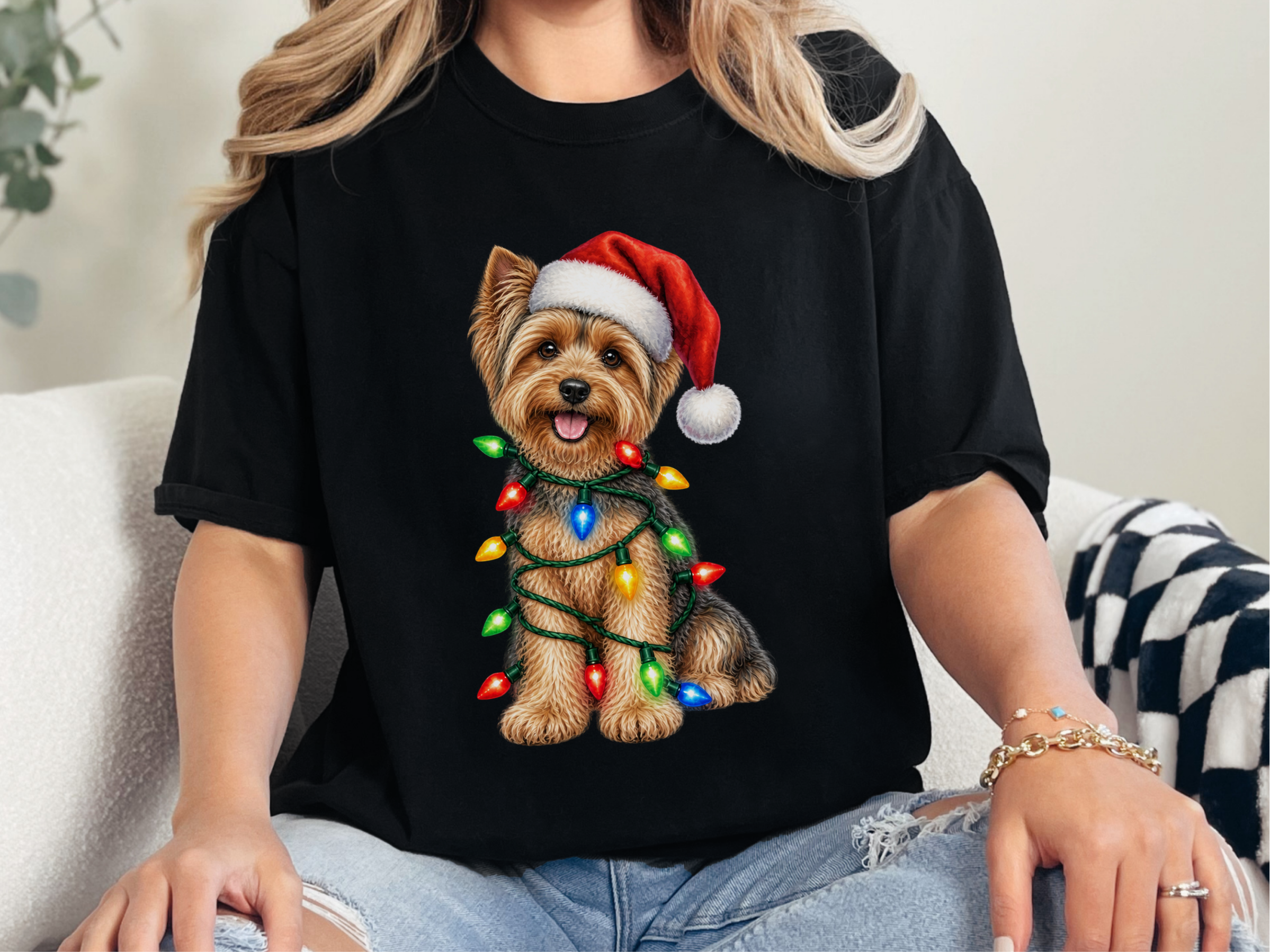 Yorkie Wrapped In Christmas Lights doodle dog shirt - photo 3