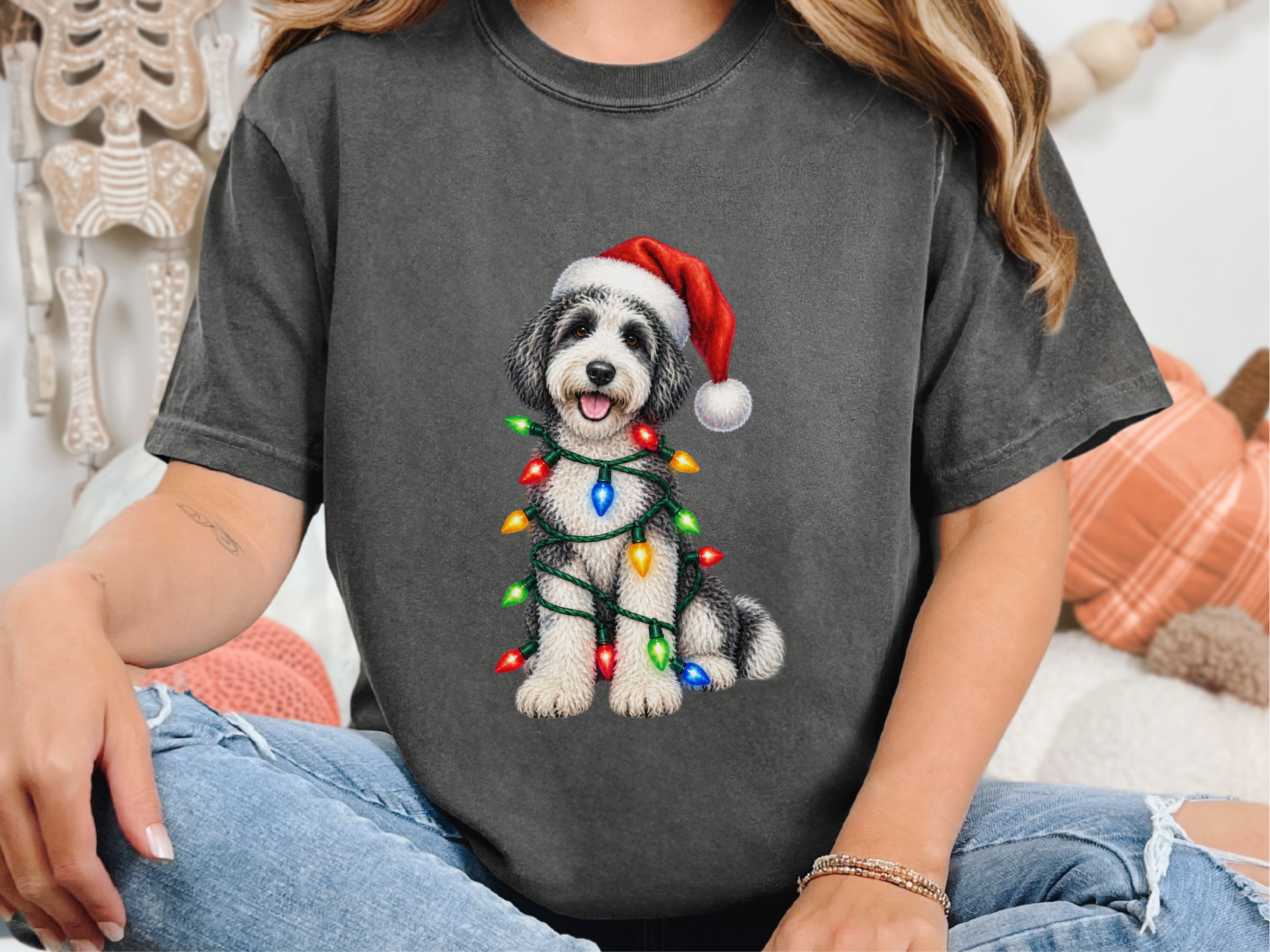 Sheepadoodle Christmas Lights doodle dog shirt - photo 3