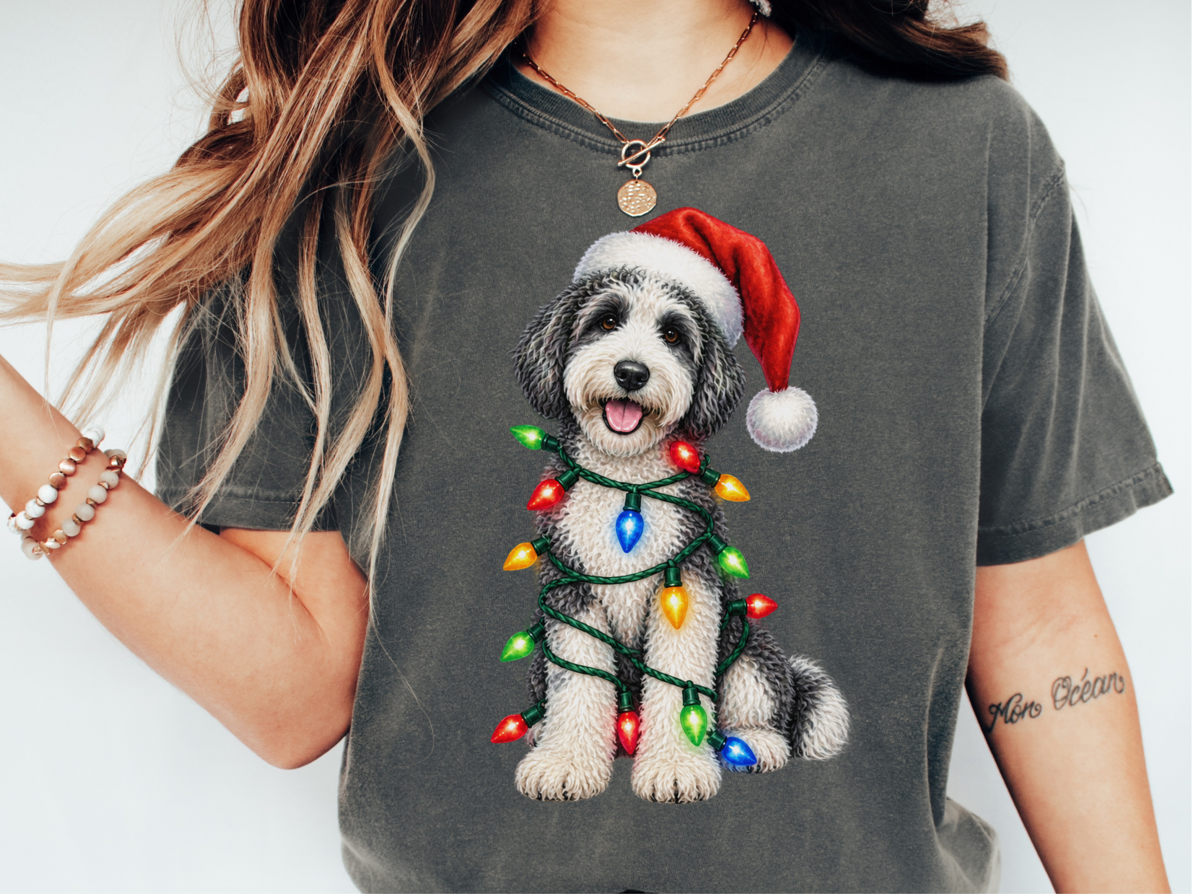 Sheepadoodle Christmas Lights doodle dog shirt - photo 1