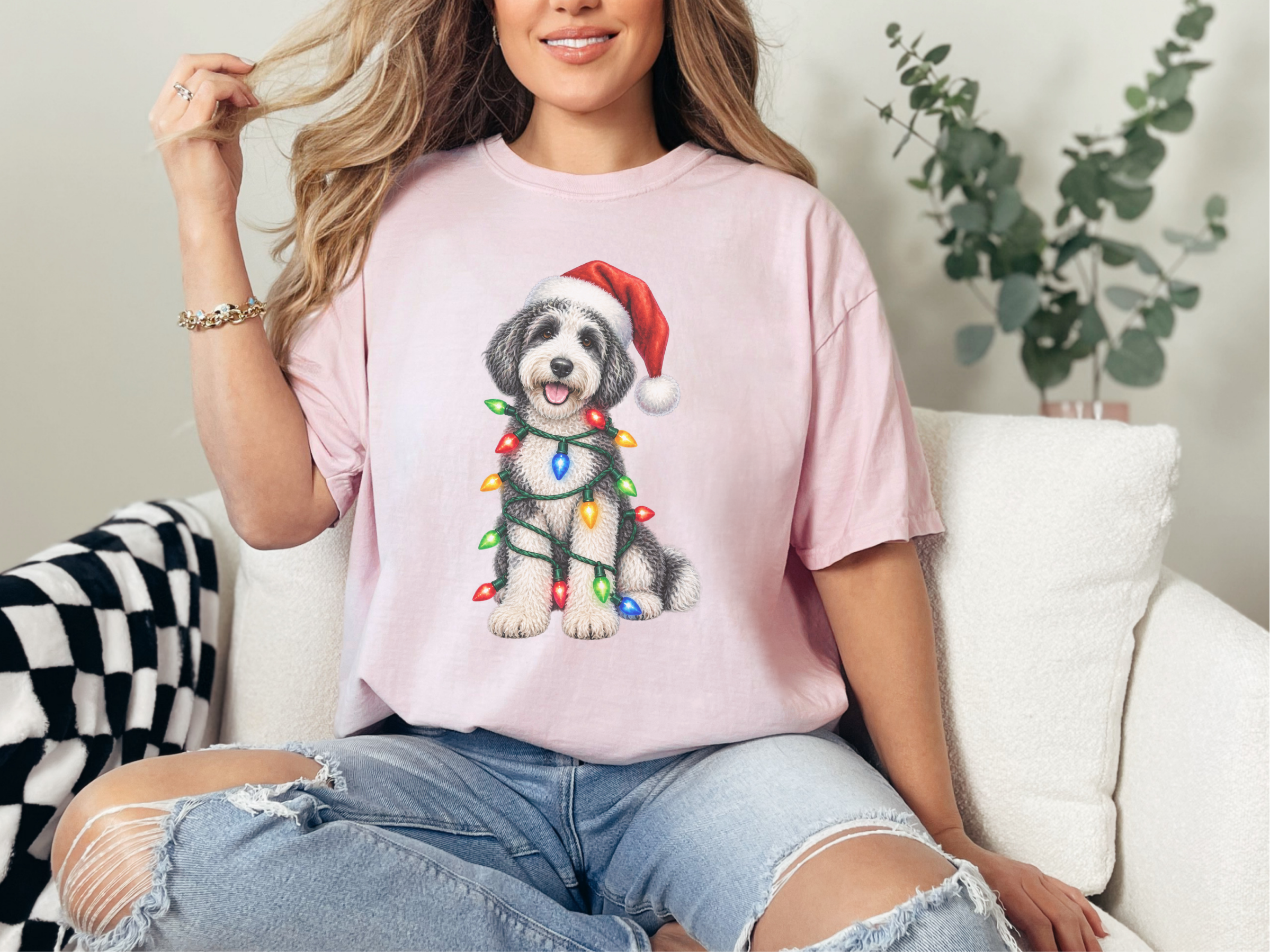 Sheepadoodle Christmas Lights doodle dog shirt - photo 5