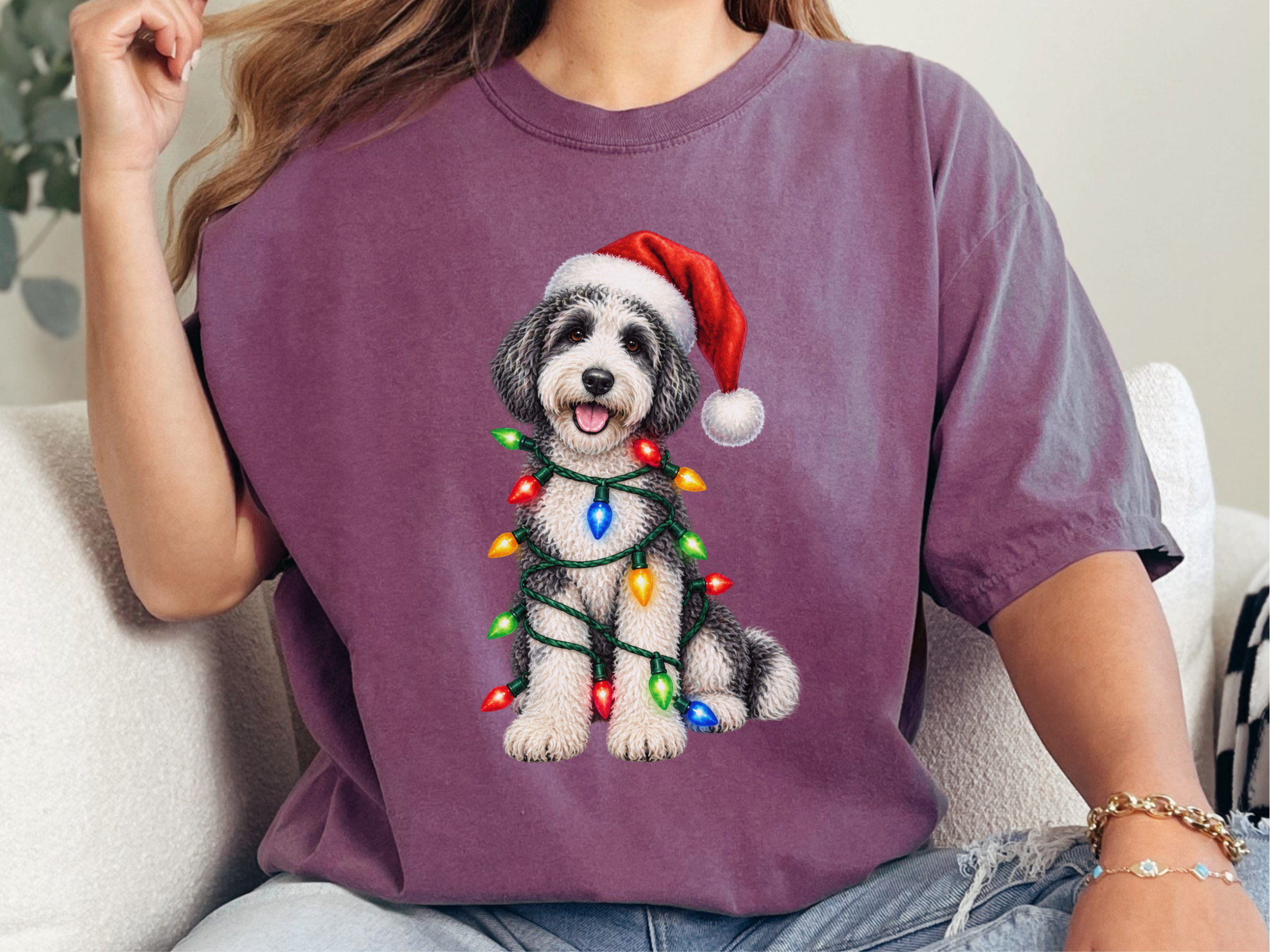 Sheepadoodle Christmas Lights doodle dog shirt - photo 6