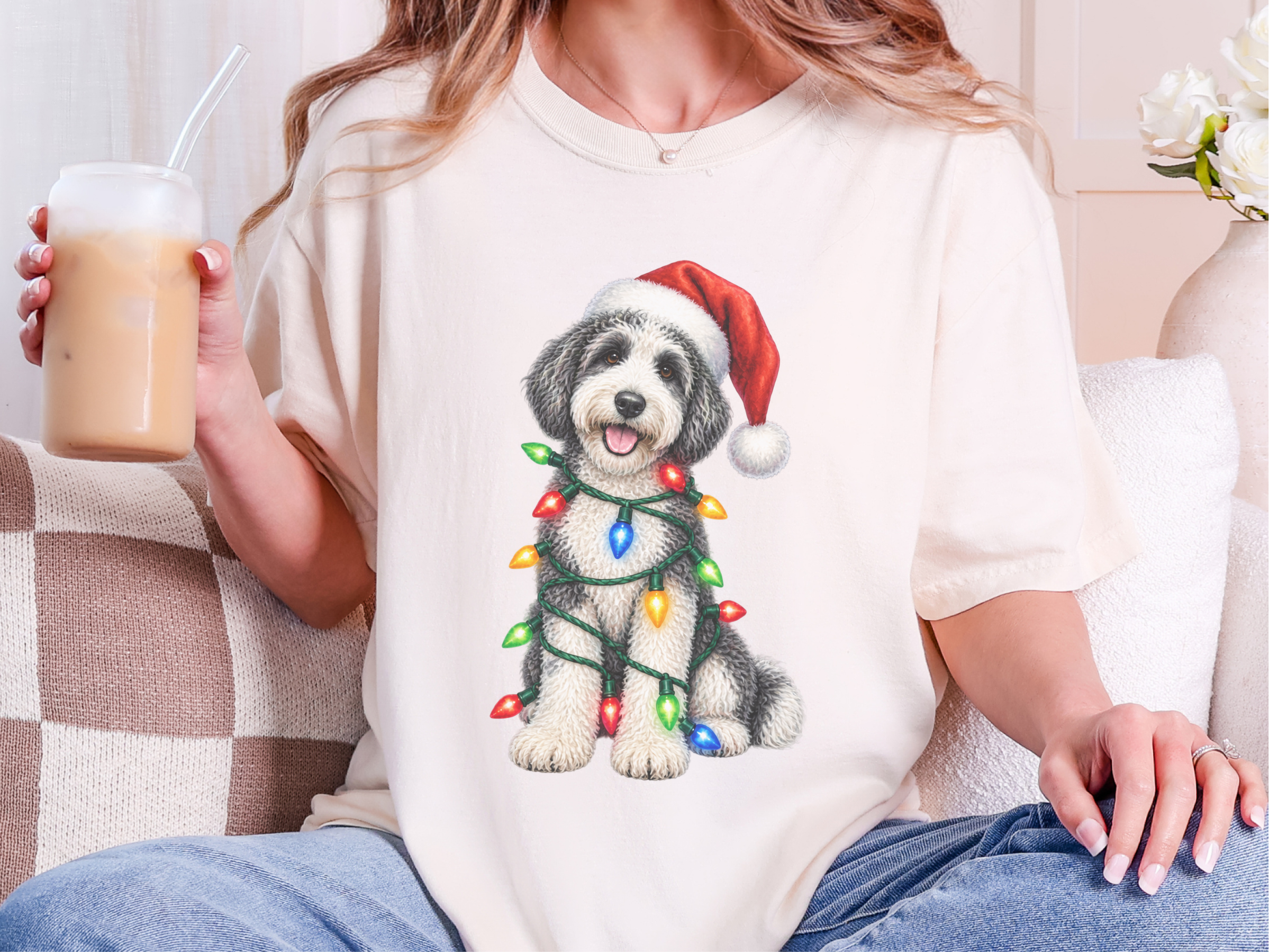 Sheepadoodle Christmas Lights doodle dog shirt - photo 8