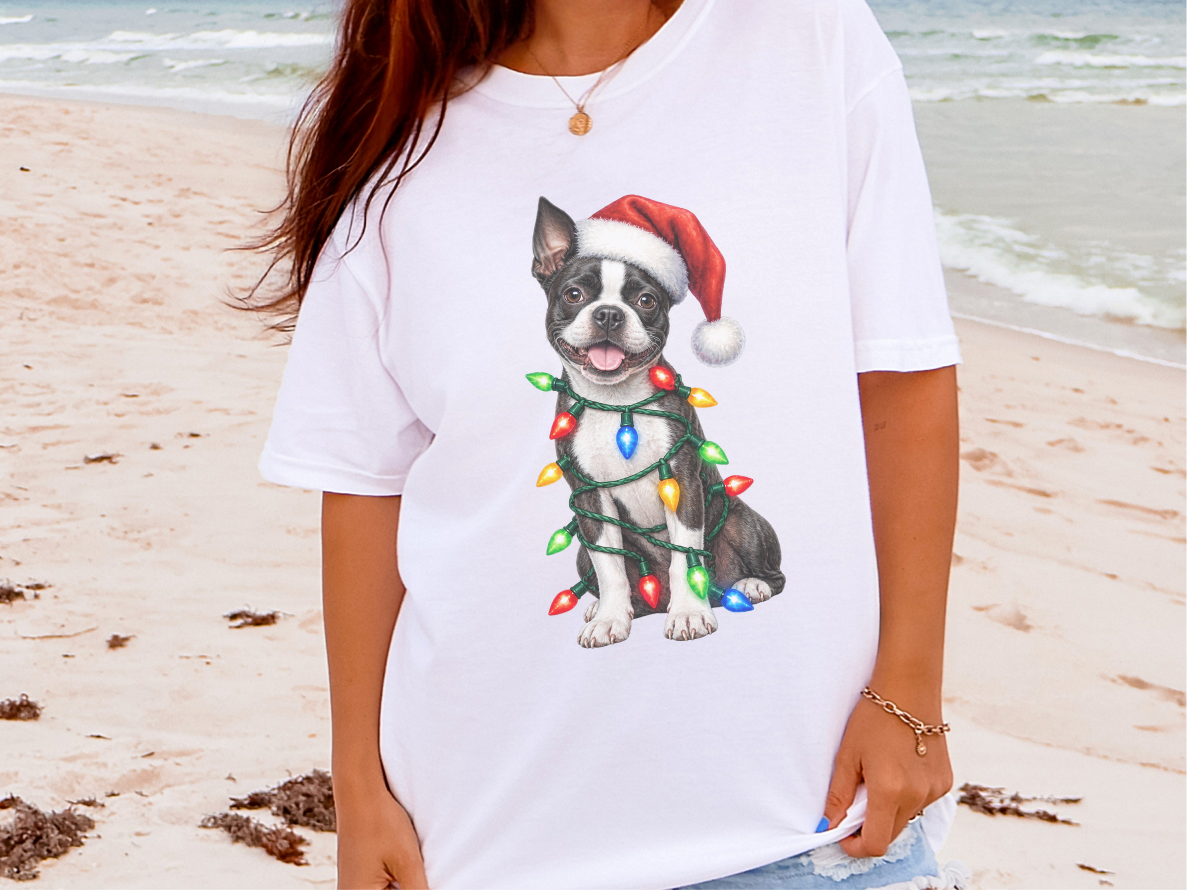 Boston Terrier Christmas Lights doodle dog shirt - photo 1