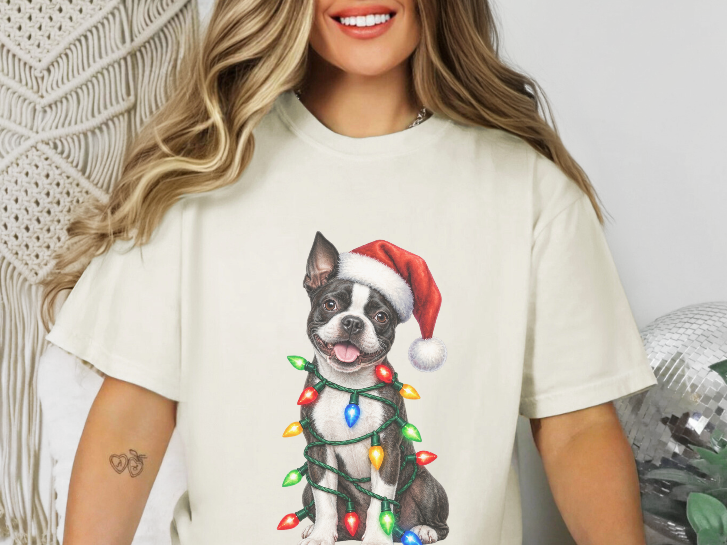 Boston Terrier Christmas Lights doodle dog shirt - photo 8