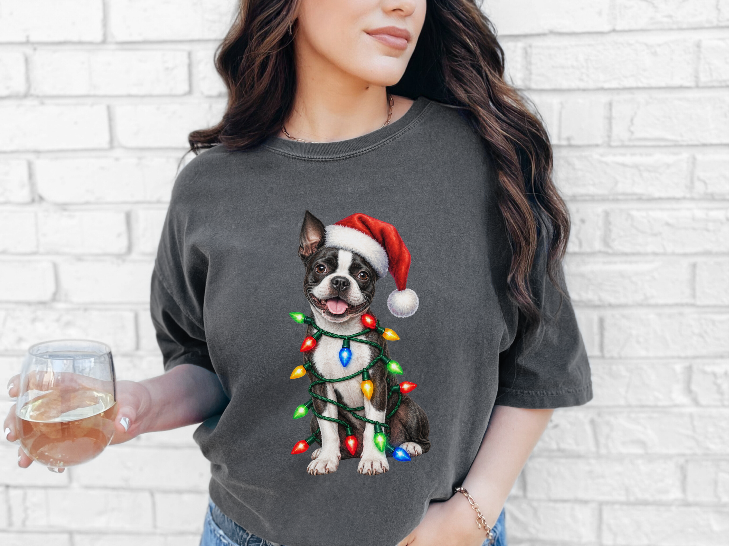 Boston Terrier Christmas Lights doodle dog shirt - photo 4