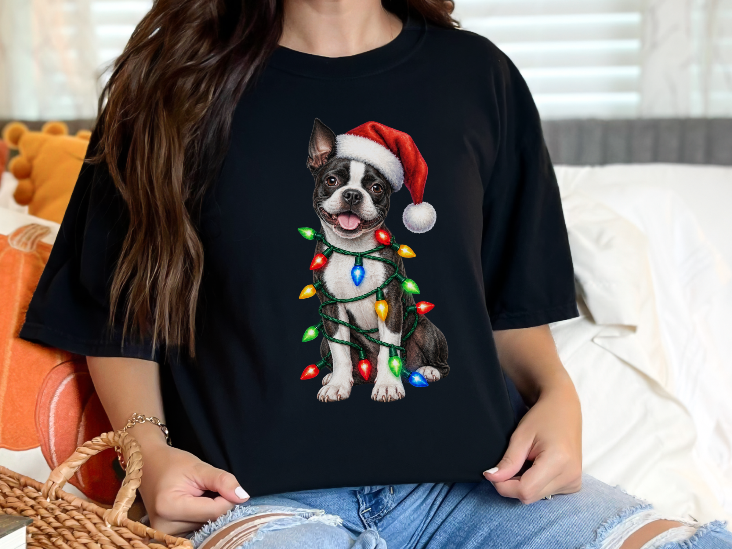 Boston Terrier Christmas Lights doodle dog shirt - photo 2