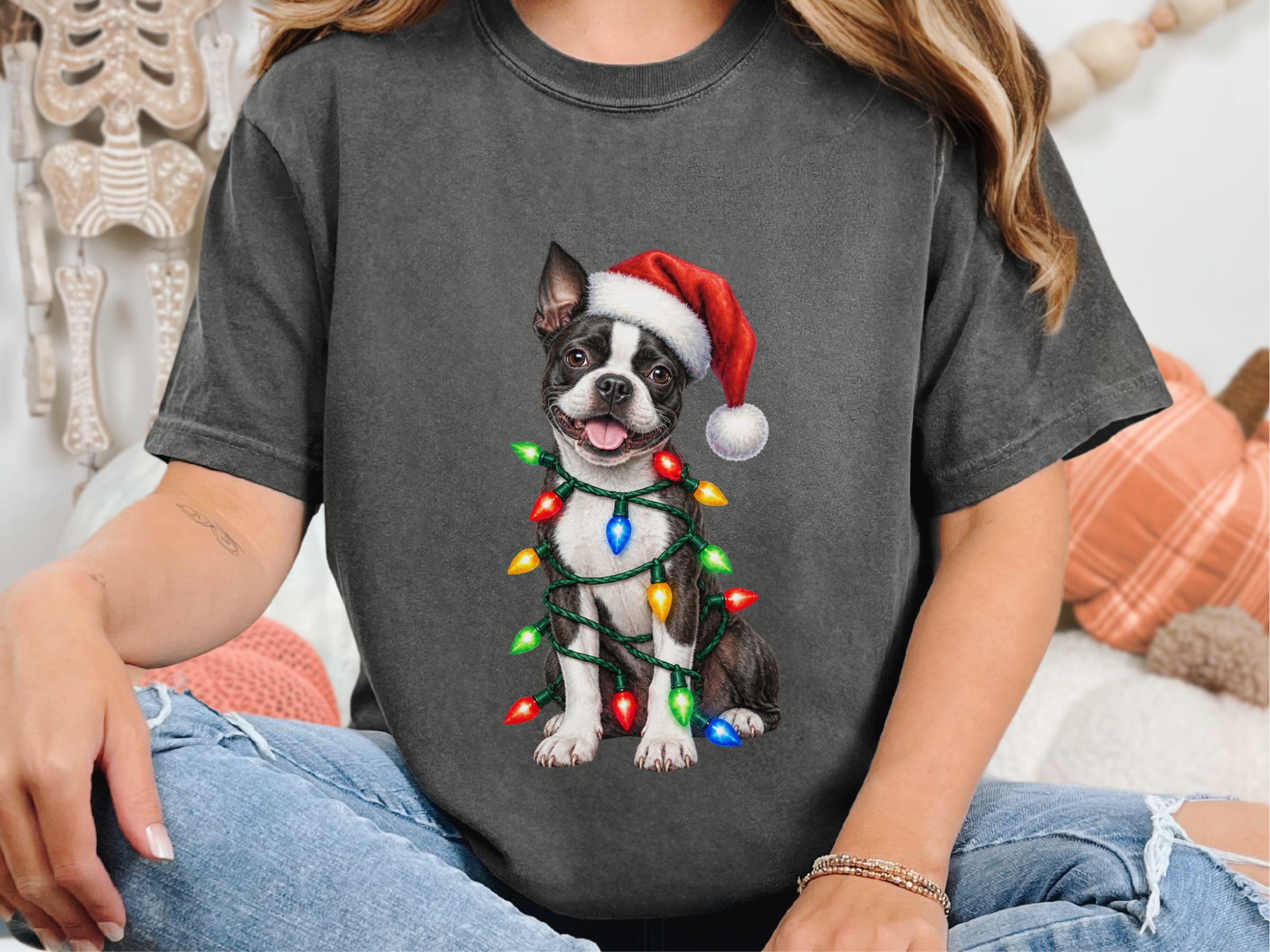 Boston Terrier Christmas Lights doodle dog shirt - photo 3