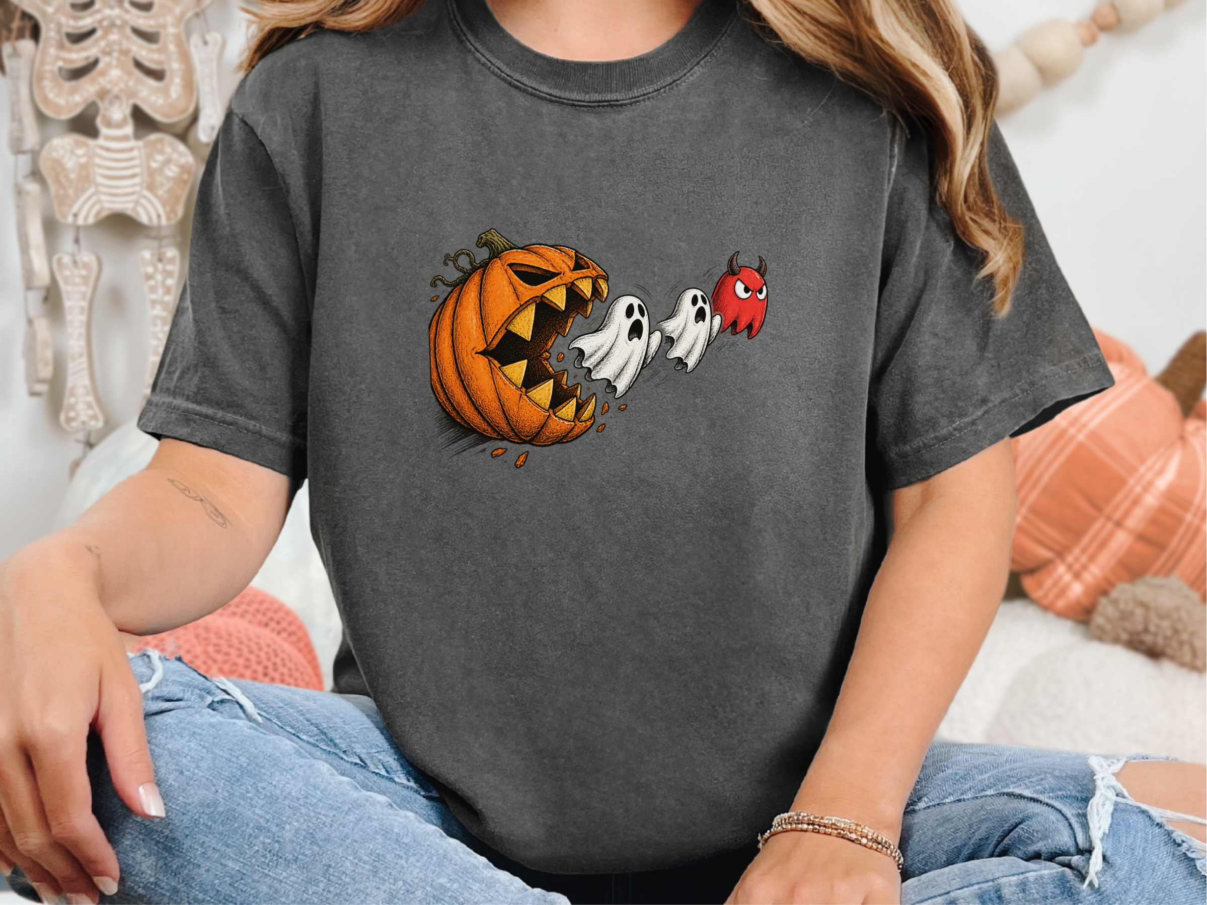 Pumpkin Eating Ghost Pacman Villain funny shirt - photo 3