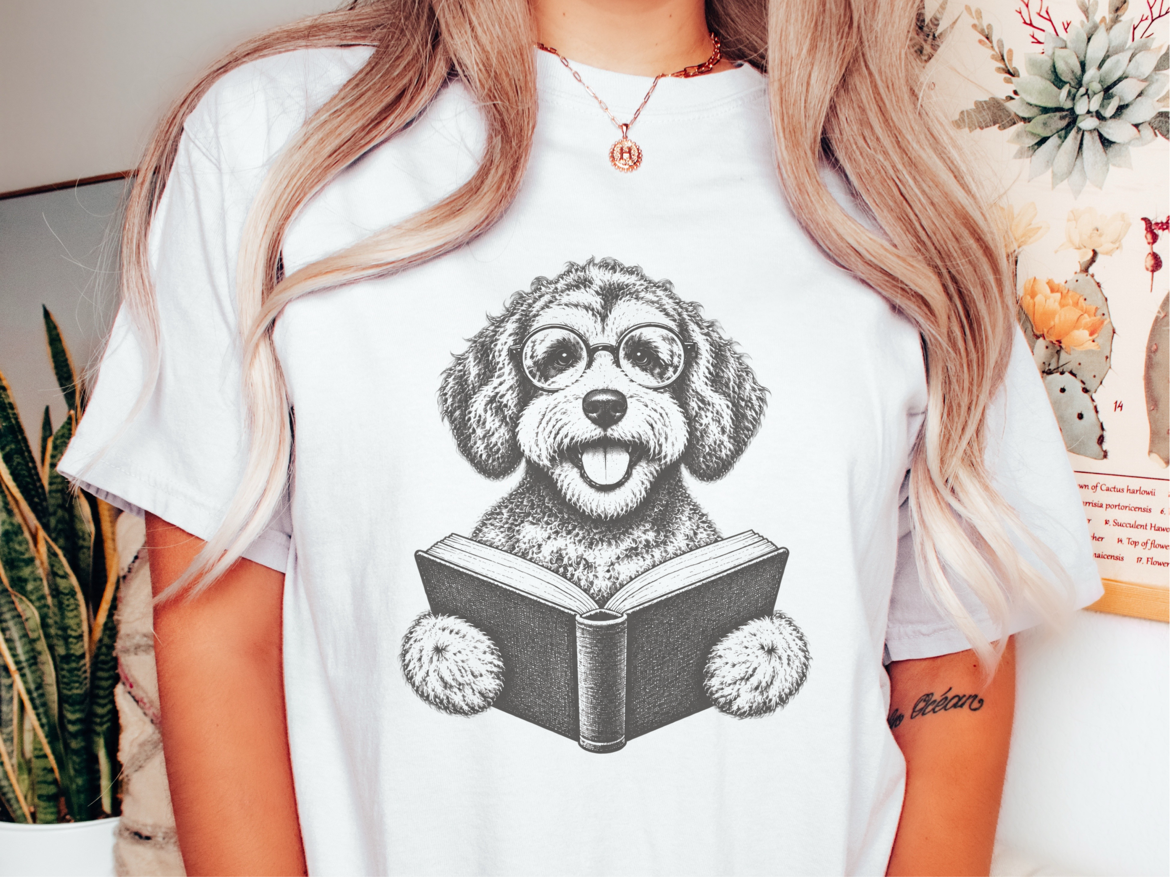 Schnoodle Reading Book Glasses doodle dog shirt - photo 1