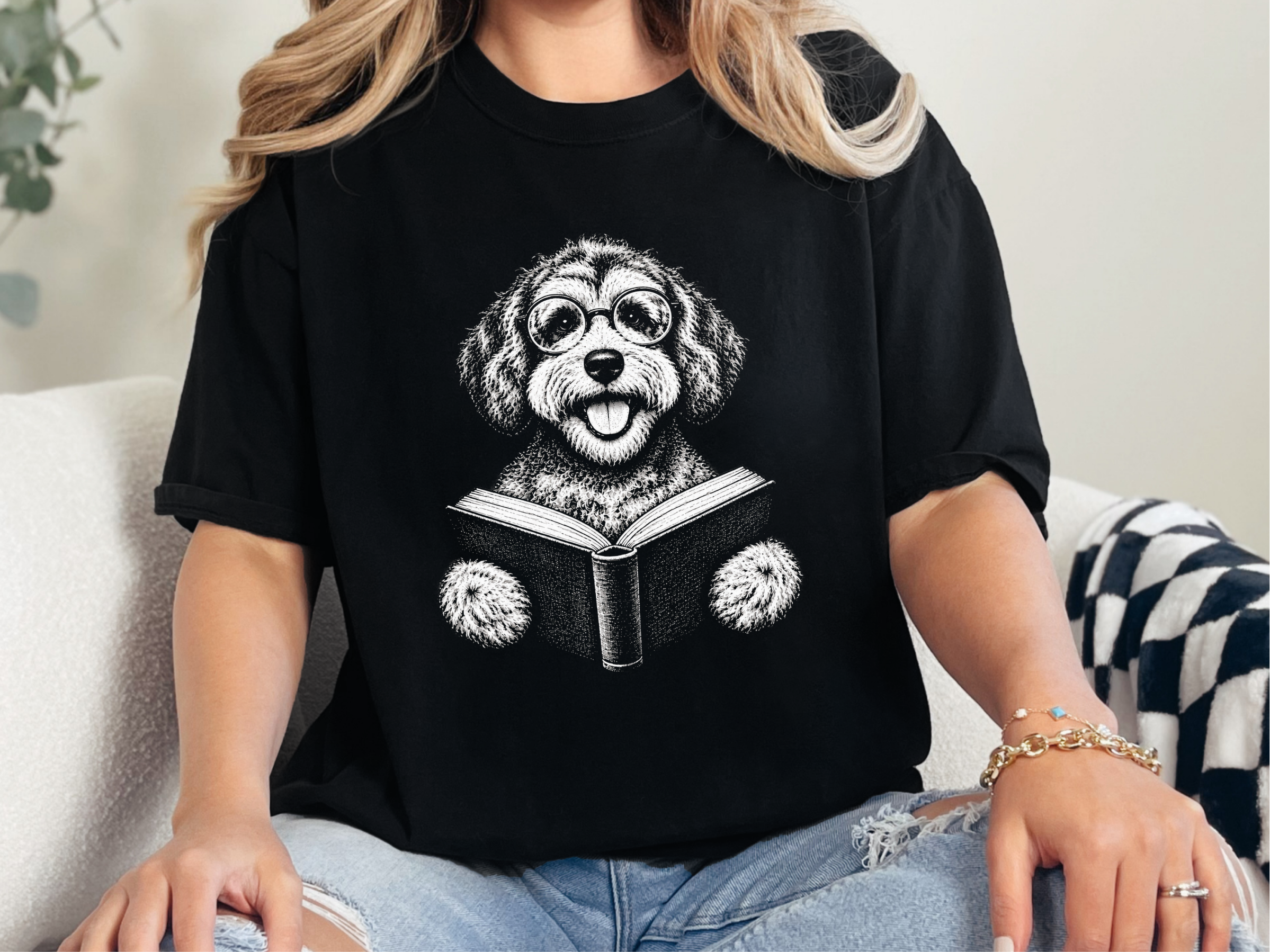 Schnoodle Reading Book Glasses doodle dog shirt - photo 3