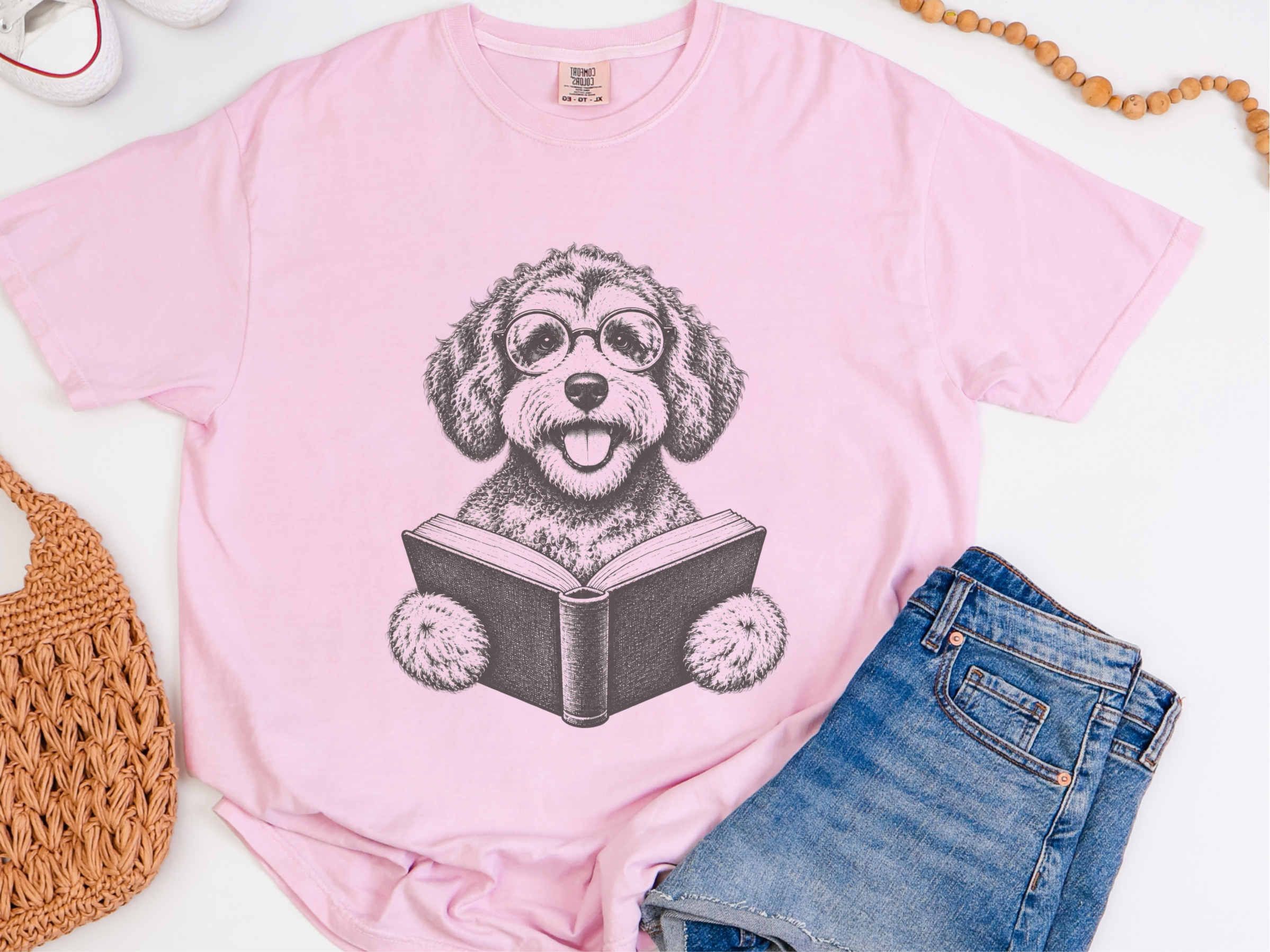 Schnoodle Reading Book Glasses doodle dog shirt - photo 7