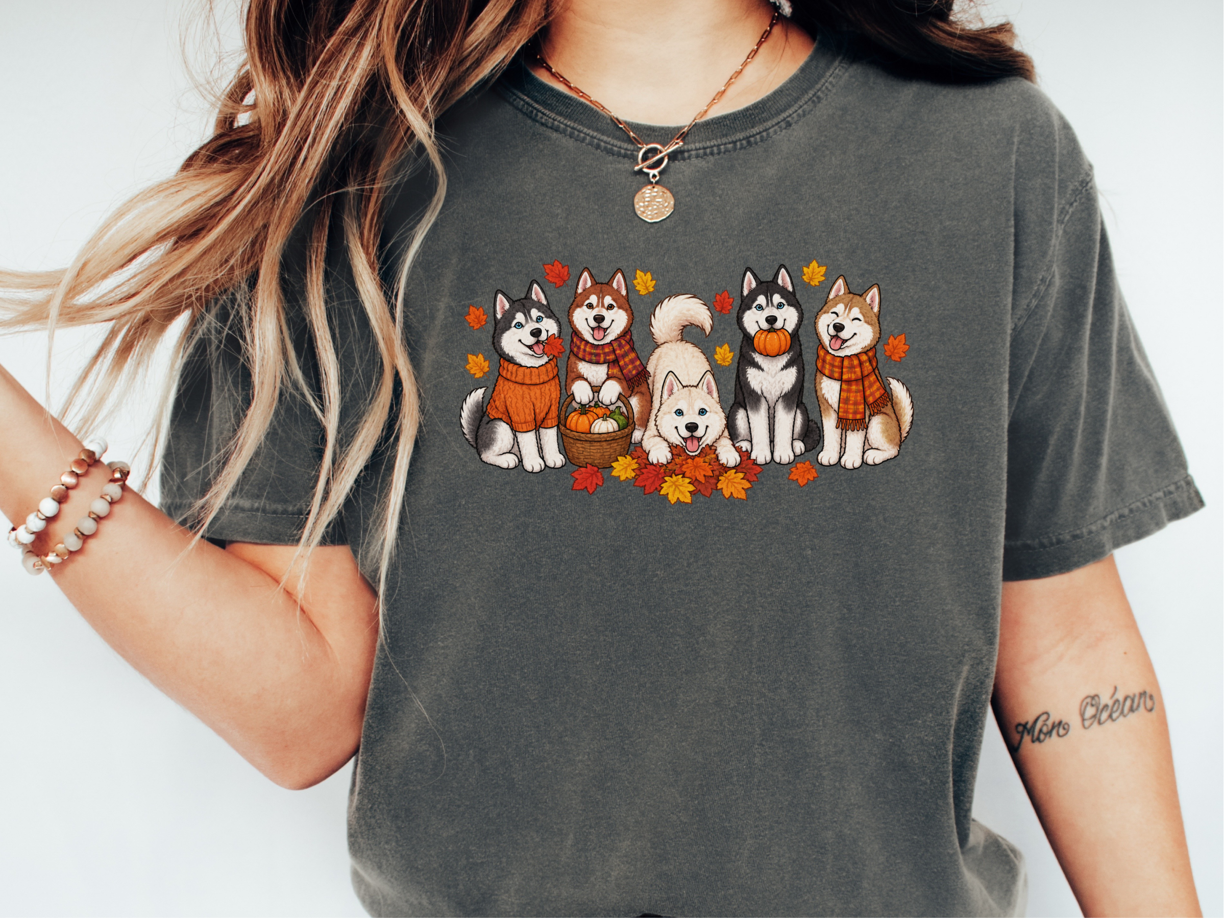 Autumn Huskies Fall Gathering doodle dog shirt - photo 2