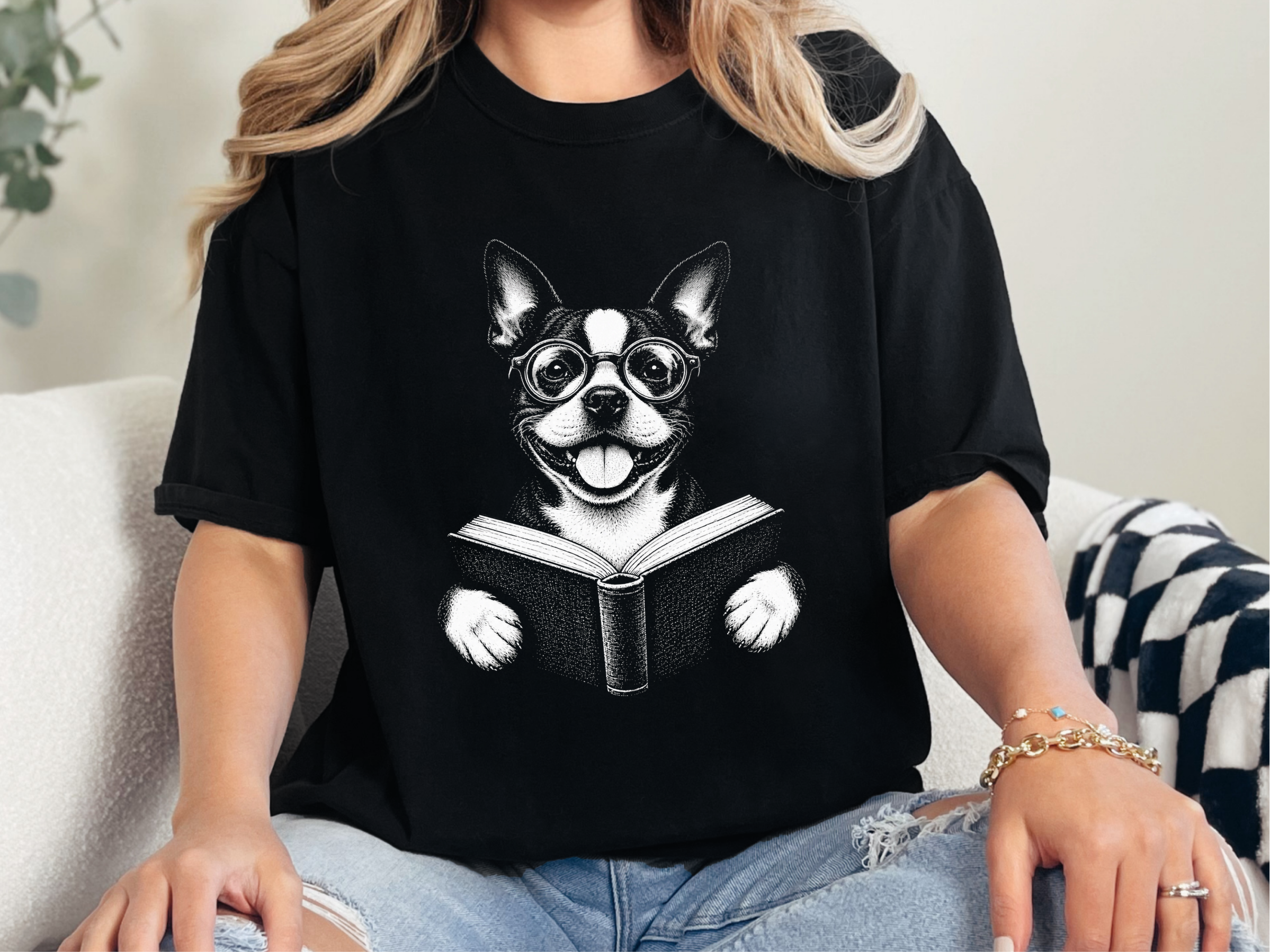 Boston Terrier Reading Book doodle dog shirt - photo 4