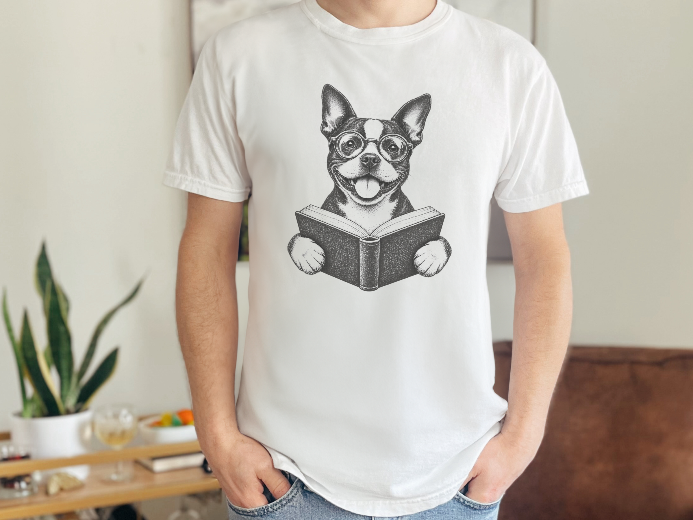 Boston Terrier Reading Book doodle dog shirt - photo 2