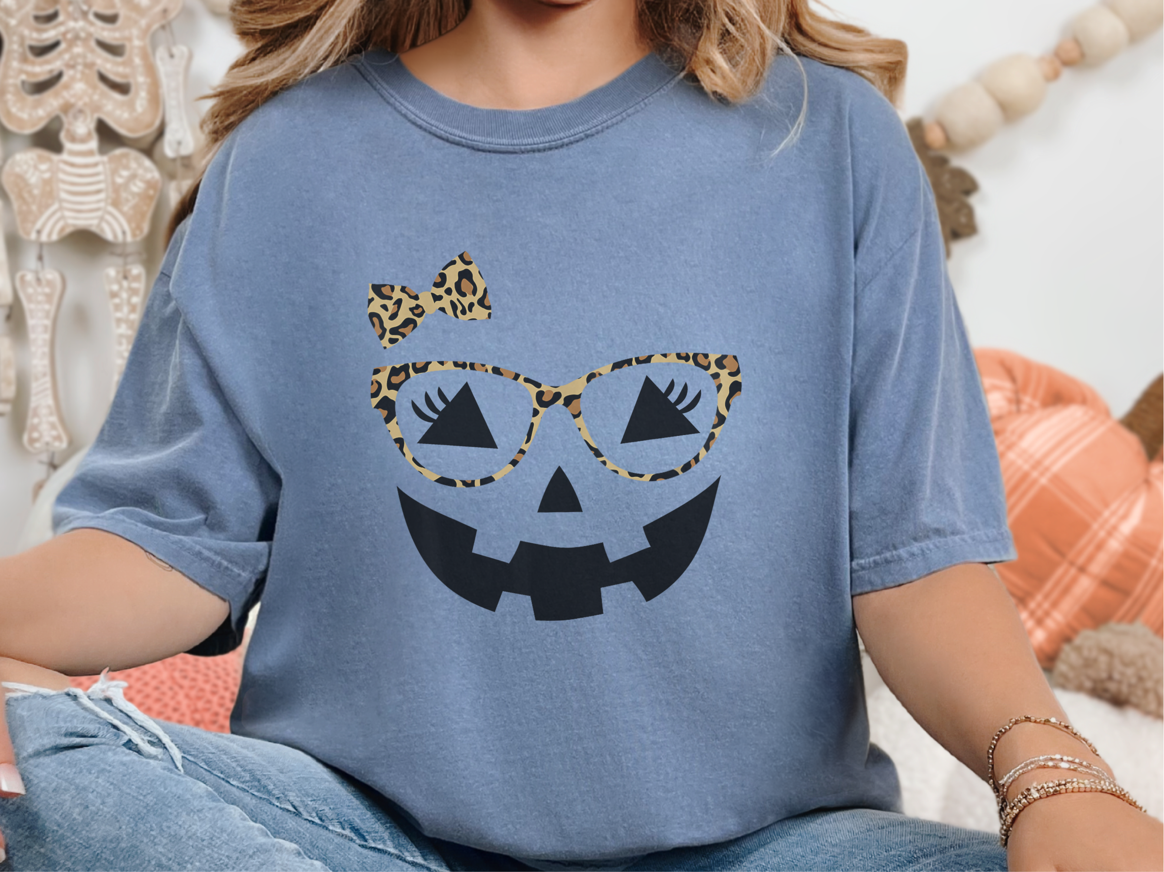 Jack O Lantern Halloween Pumpkin Face Eyelashes Leopard Glasses funny shirt - photo 6