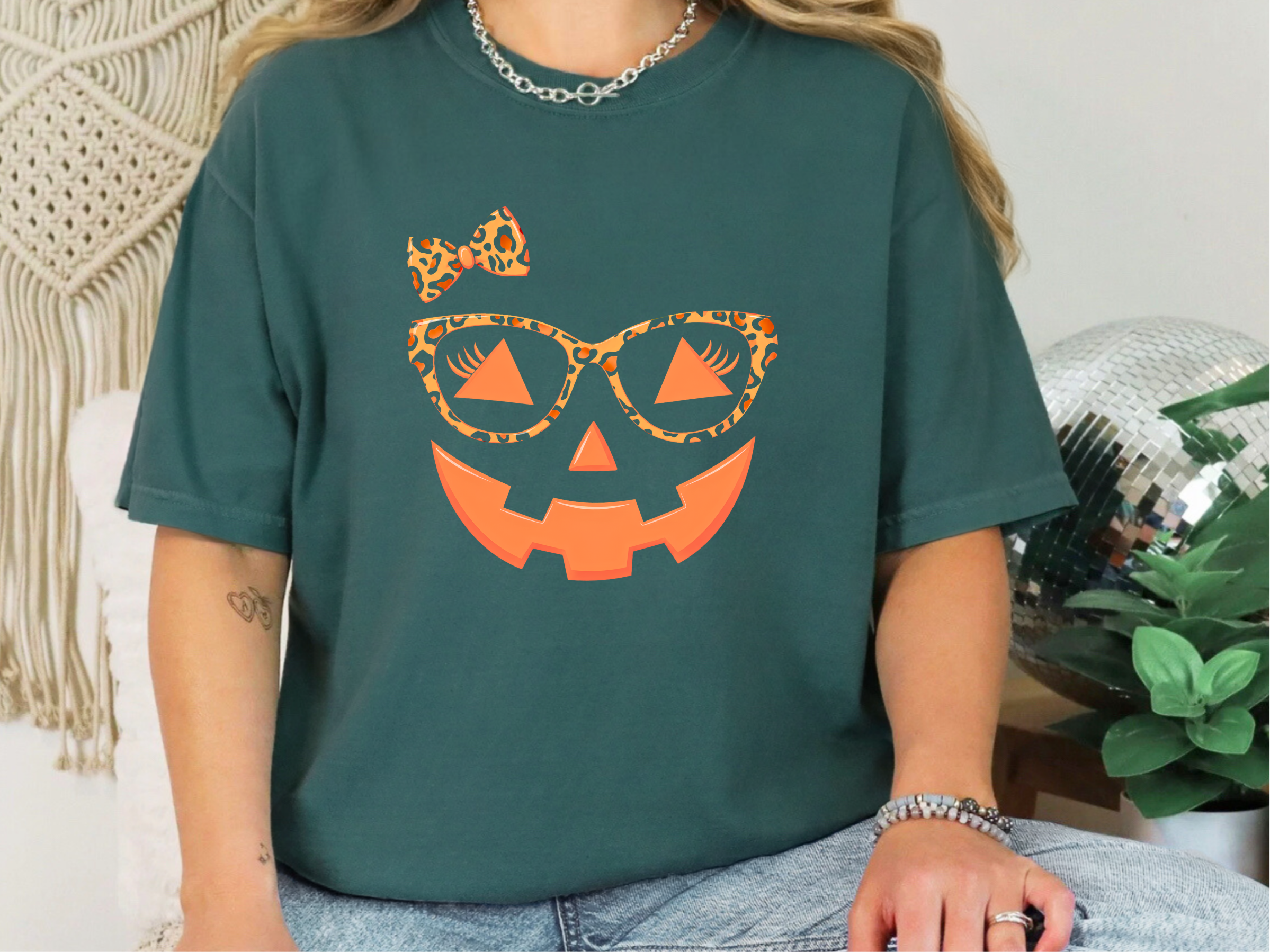 Jack O Lantern Halloween Pumpkin Face Eyelashes Leopard Glasses funny shirt - photo 7