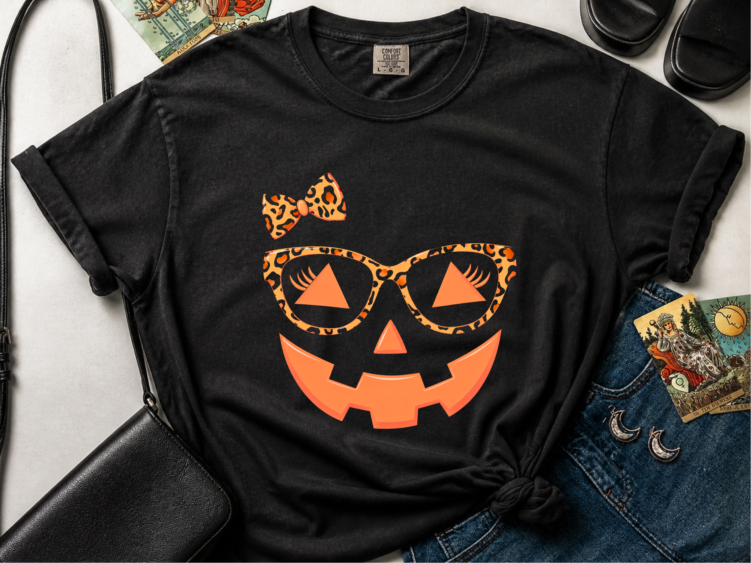 Jack O Lantern Halloween Pumpkin Face Eyelashes Leopard Glasses funny shirt - photo 2