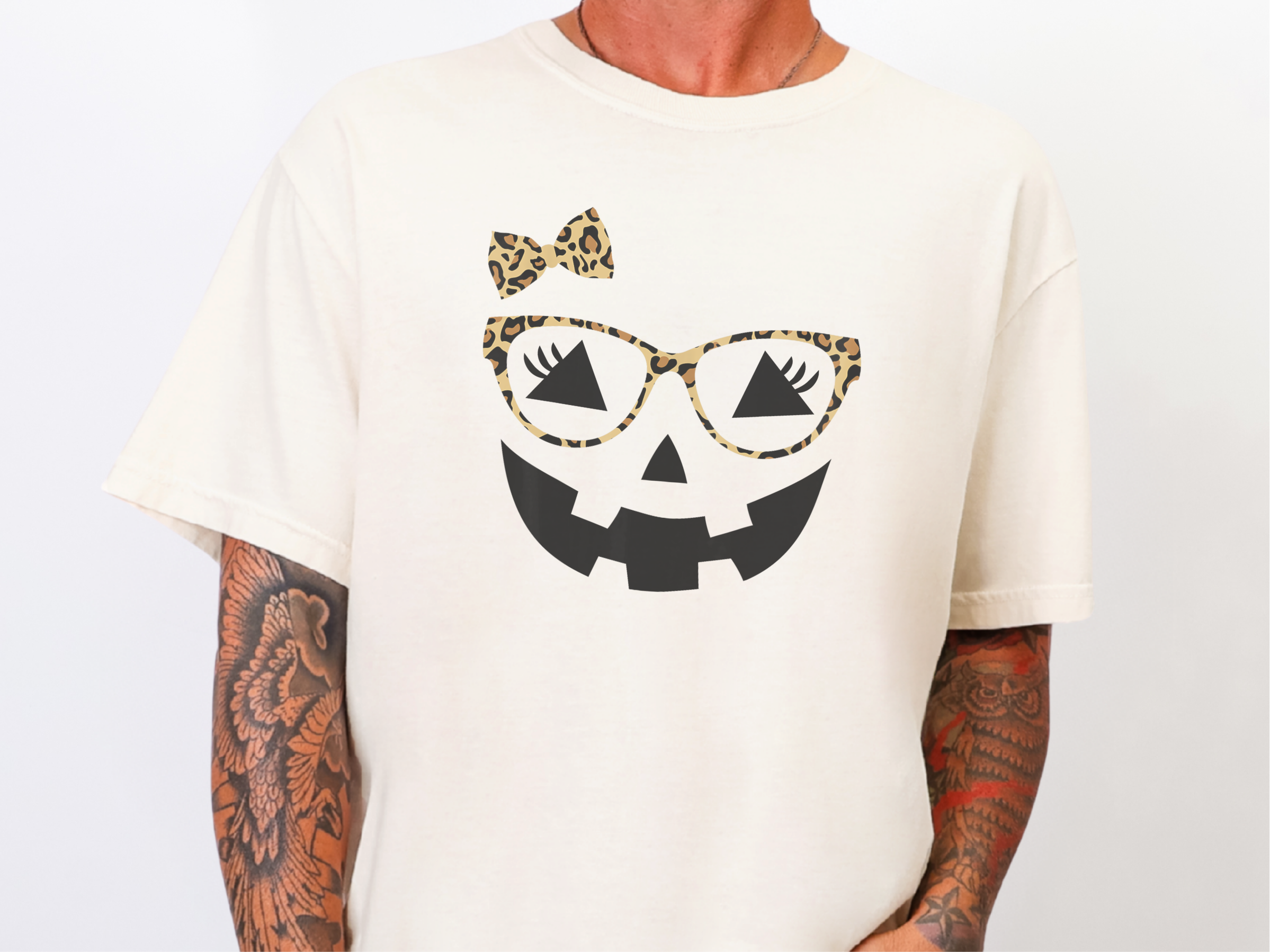 Jack O Lantern Halloween Pumpkin Face Eyelashes Leopard Glasses funny shirt - photo 8