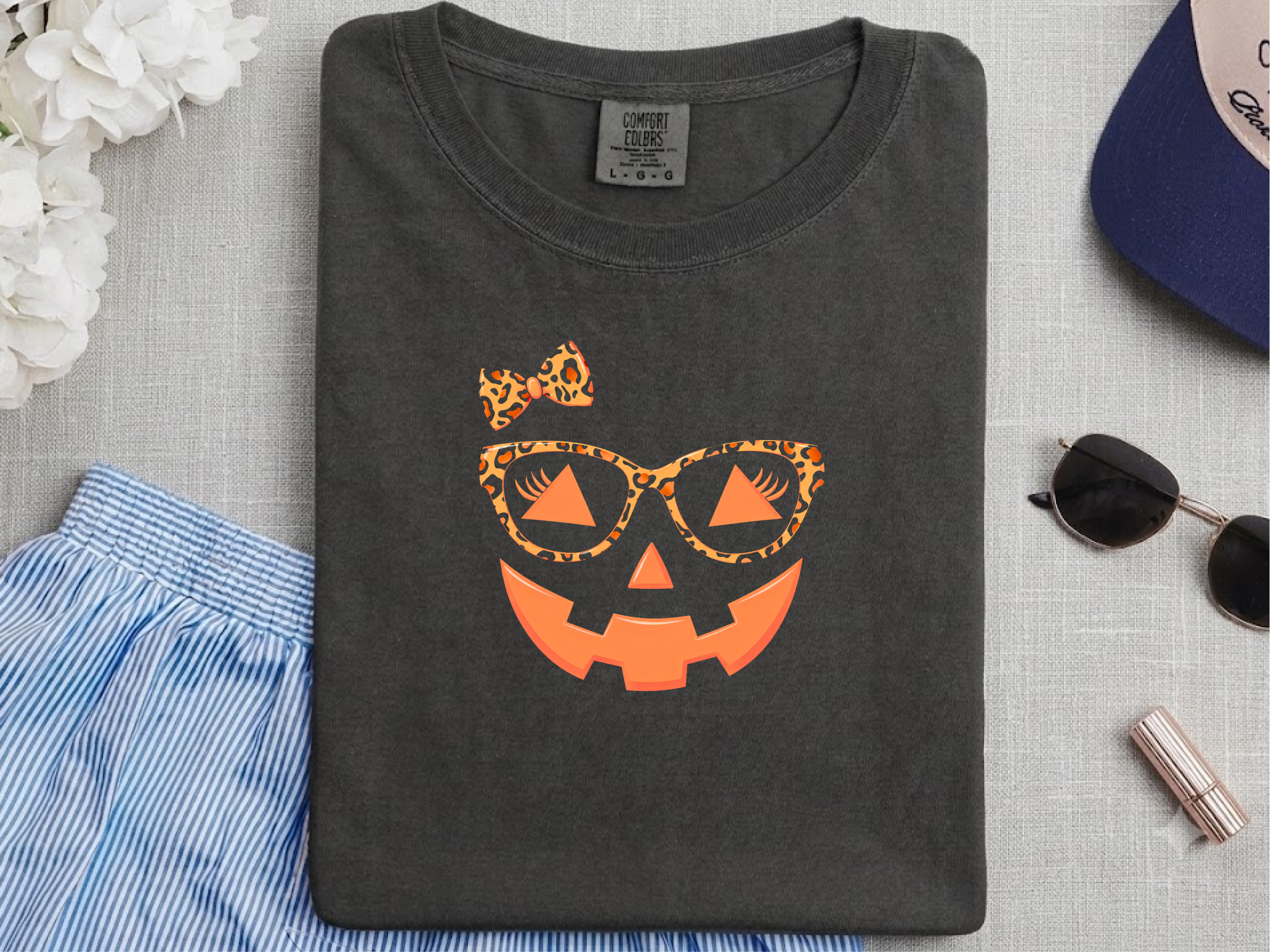 Jack O Lantern Halloween Pumpkin Face Eyelashes Leopard Glasses funny shirt - photo 3