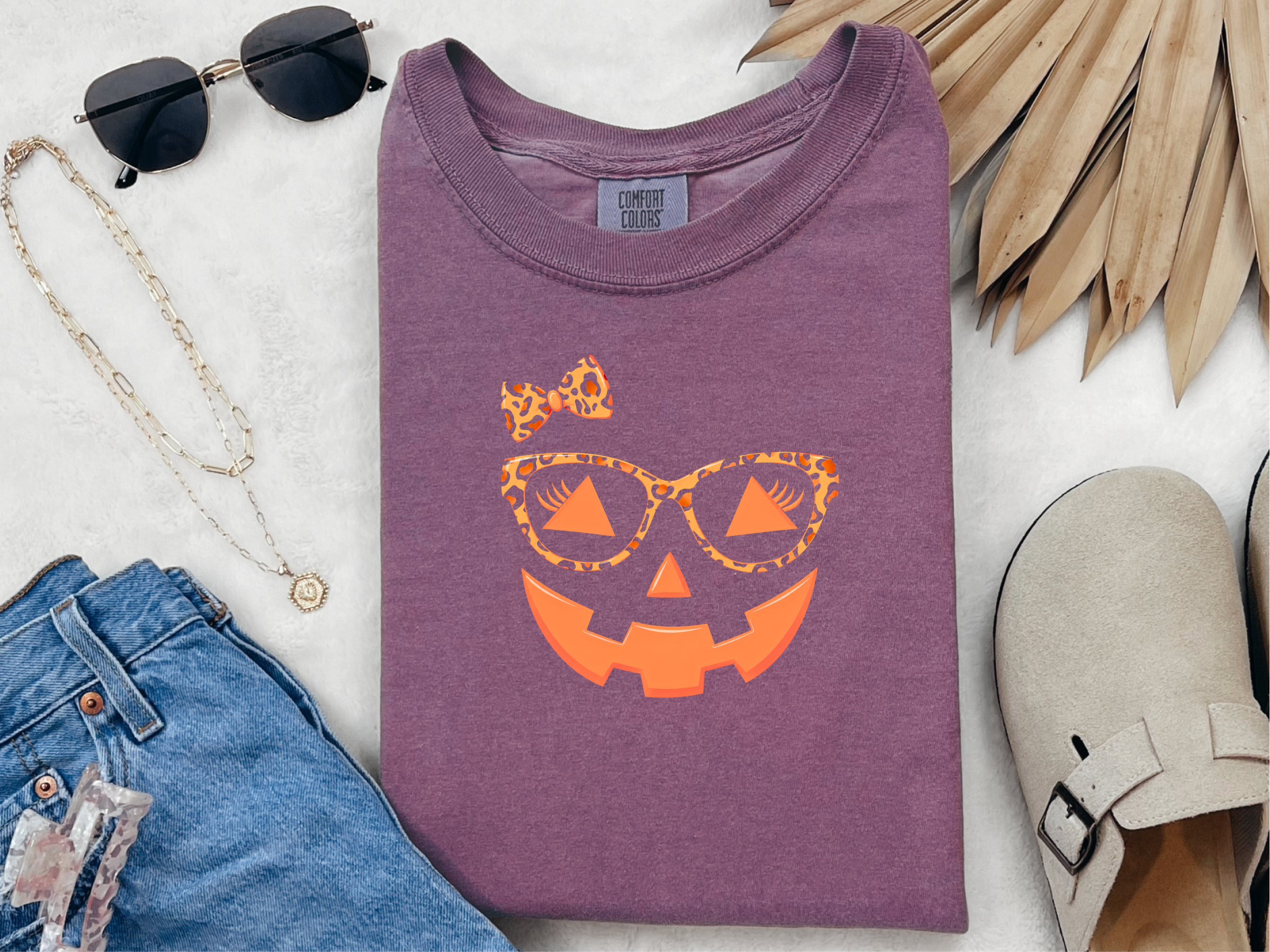Jack O Lantern Halloween Pumpkin Face Eyelashes Leopard Glasses funny shirt - photo 5