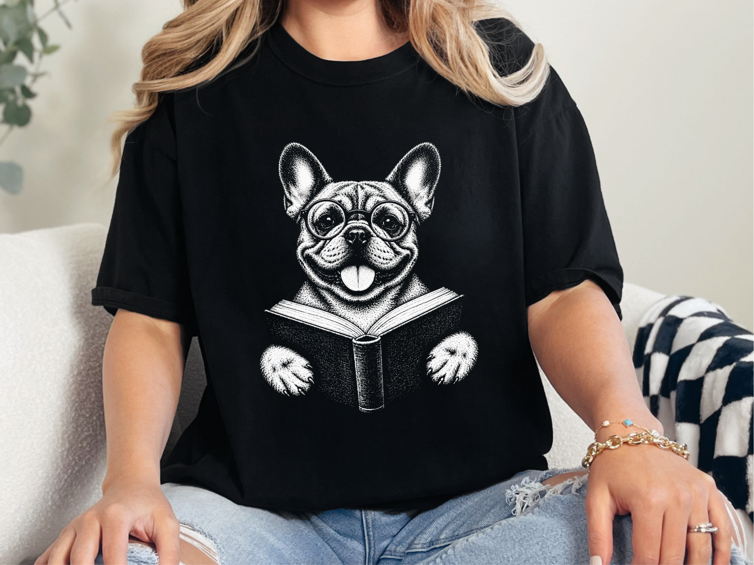 French Bulldog Reading Book doodle dog shirt - photo 3